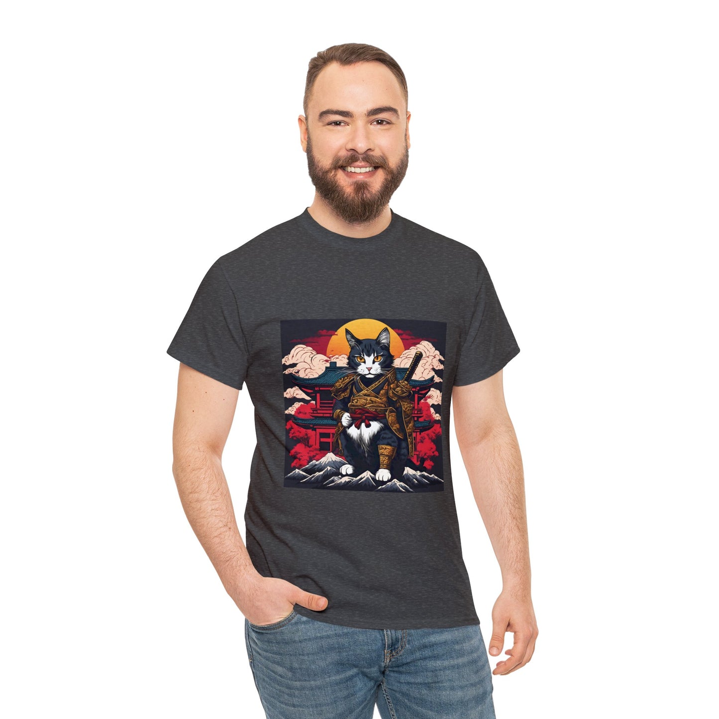 Samurai Cat Cartoon Anime Unisex Heavy Cotton Graphic Tee Kawaii Friends
