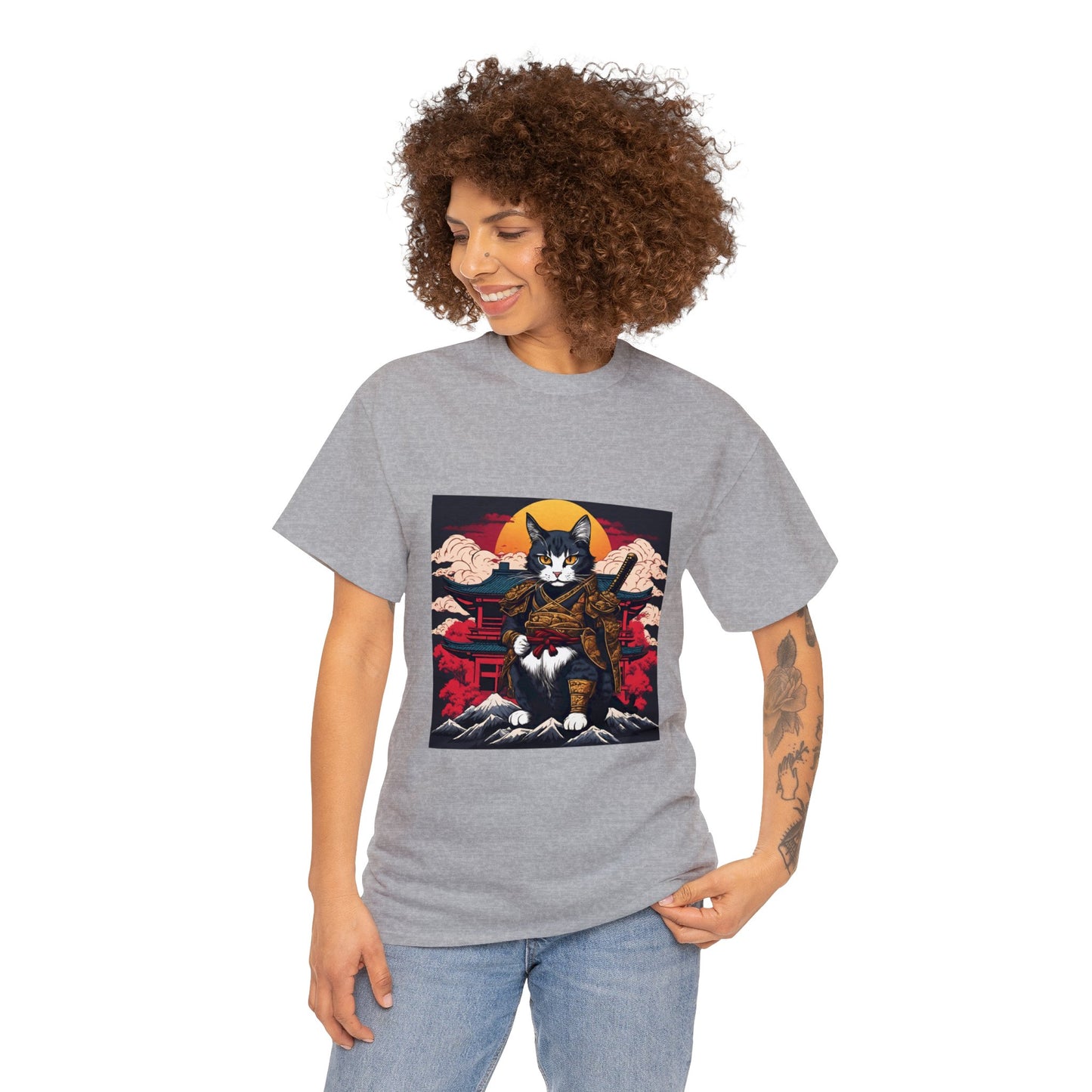 Samurai Cat Cartoon Anime Unisex Heavy Cotton Graphic Tee Kawaii Friends