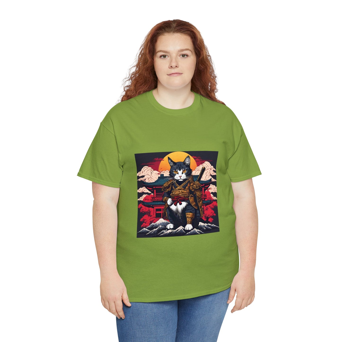 Samurai Cat Cartoon Anime Unisex Heavy Cotton Graphic Tee Kawaii Friends