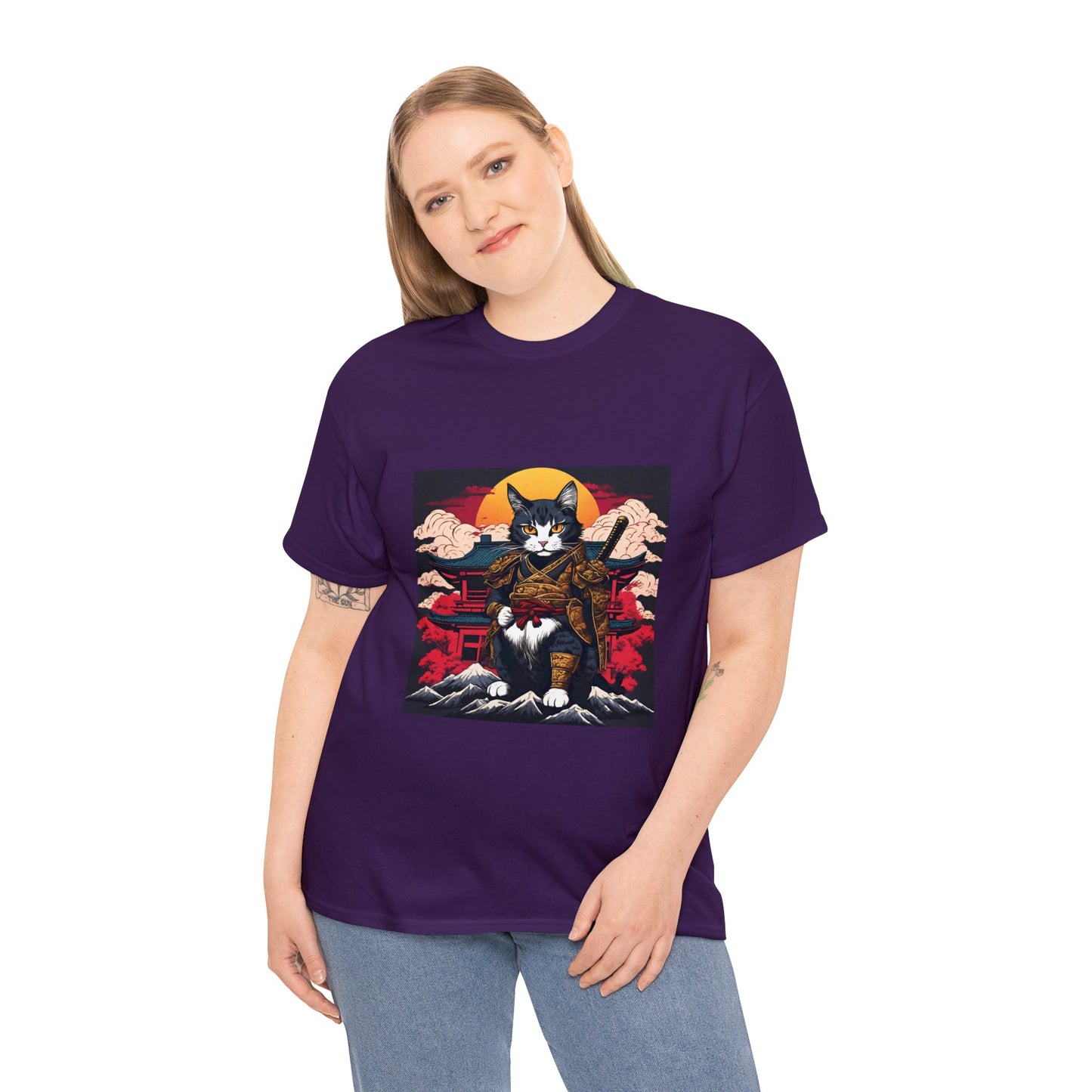 Samurai Cat Cartoon Anime Unisex Heavy Cotton Graphic Tee Kawaii Friends