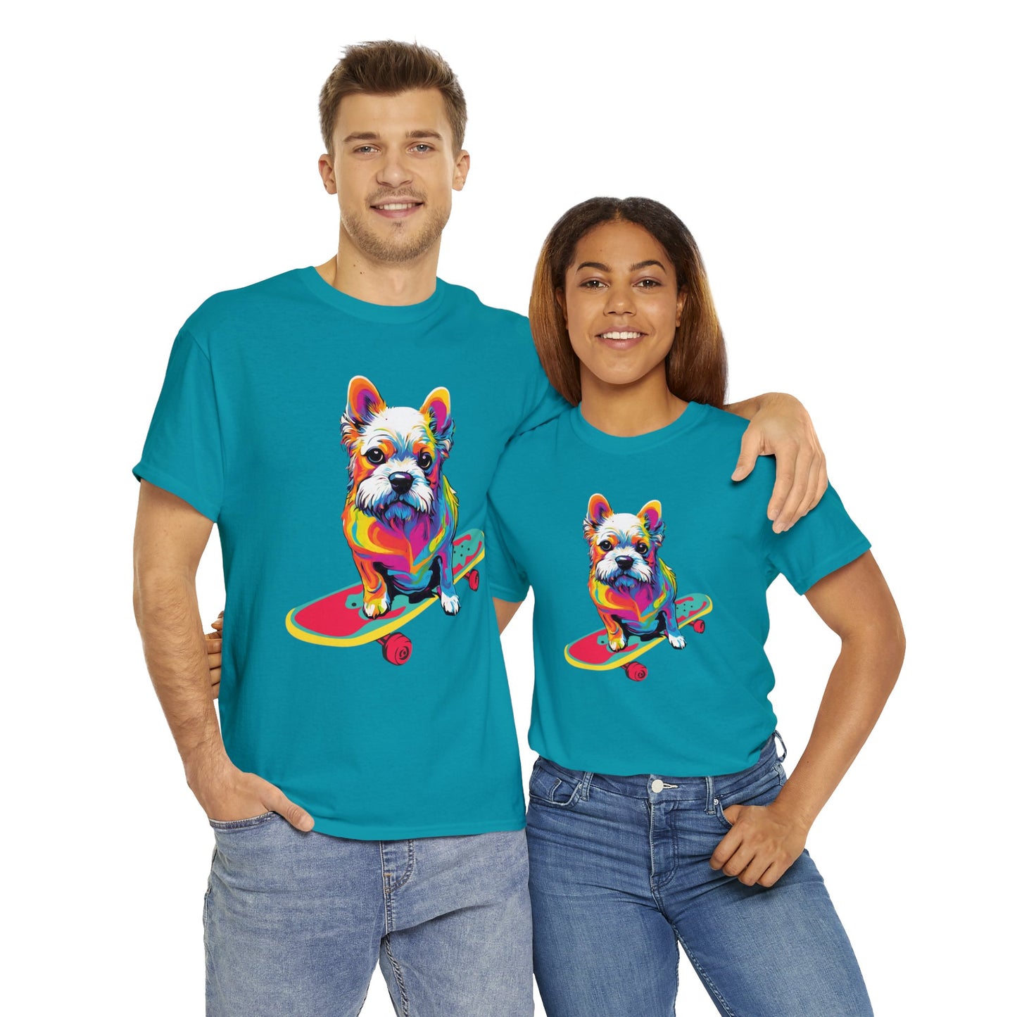 Paws on Wheels Pop Art Skateboarding Dog Tee Unisex Heavy Cotton Graphic Tee Kawaii Friends