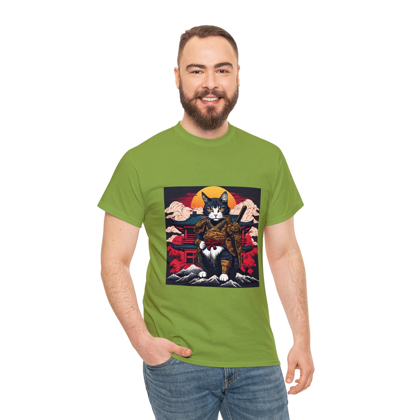 Samurai Cat Cartoon Anime Unisex Heavy Cotton Graphic Tee Kawaii Friends