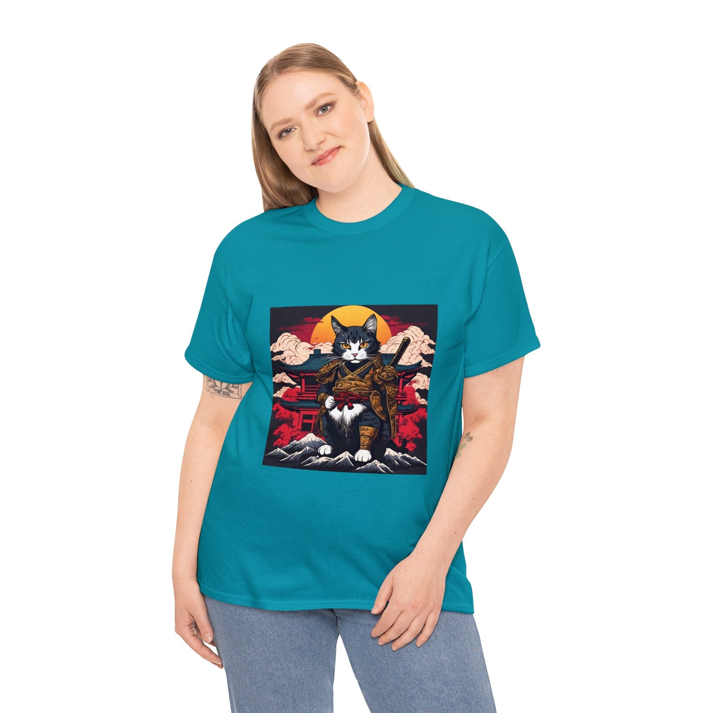 Samurai Cat Cartoon Anime Unisex Heavy Cotton Graphic Tee Kawaii Friends