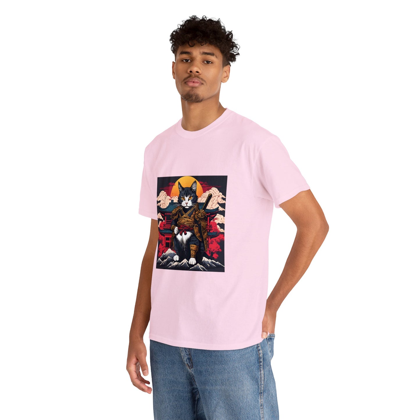 Samurai Cat Cartoon Anime Unisex Heavy Cotton Graphic Tee Kawaii Friends