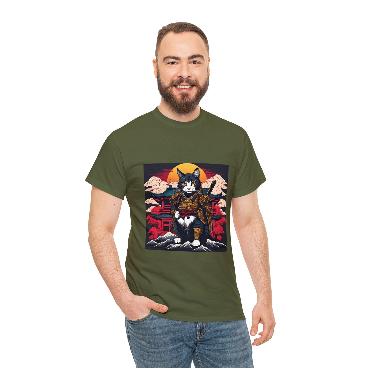 Samurai Cat Cartoon Anime Unisex Heavy Cotton Graphic Tee Kawaii Friends