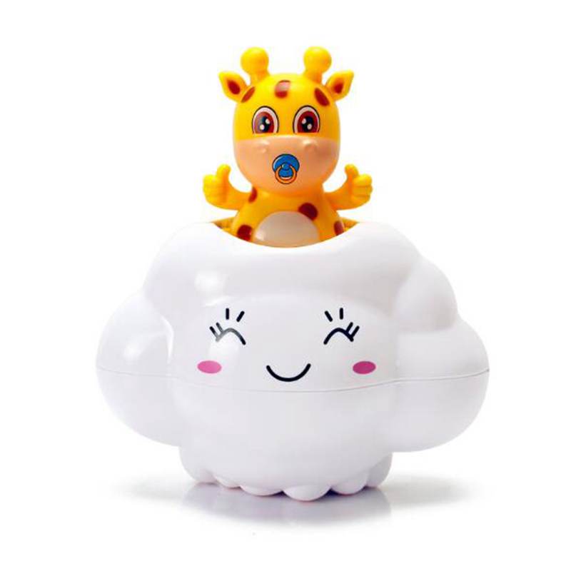 Kawaii jirafa en lindo juguete de piscina de baño con rociador de agua en la nube