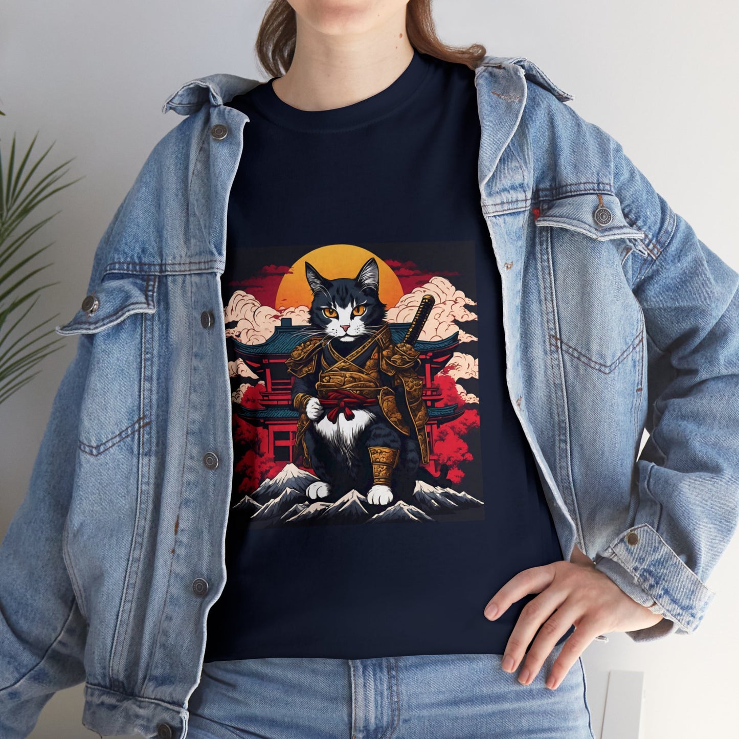 Samurai Cat Cartoon Anime Unisex Heavy Cotton Graphic Tee Kawaii Friends