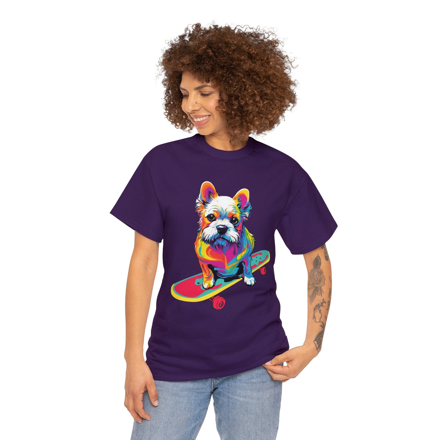 Paws on Wheels Pop Art Skateboarding Dog Tee Unisex Heavy Cotton Graphic Tee Kawaii Friends