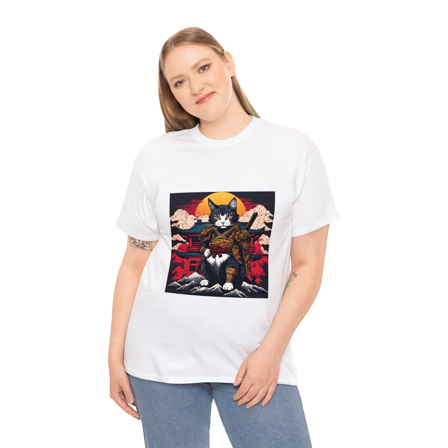 Samurai Cat Cartoon Anime Unisex Heavy Cotton Graphic Tee Kawaii Friends