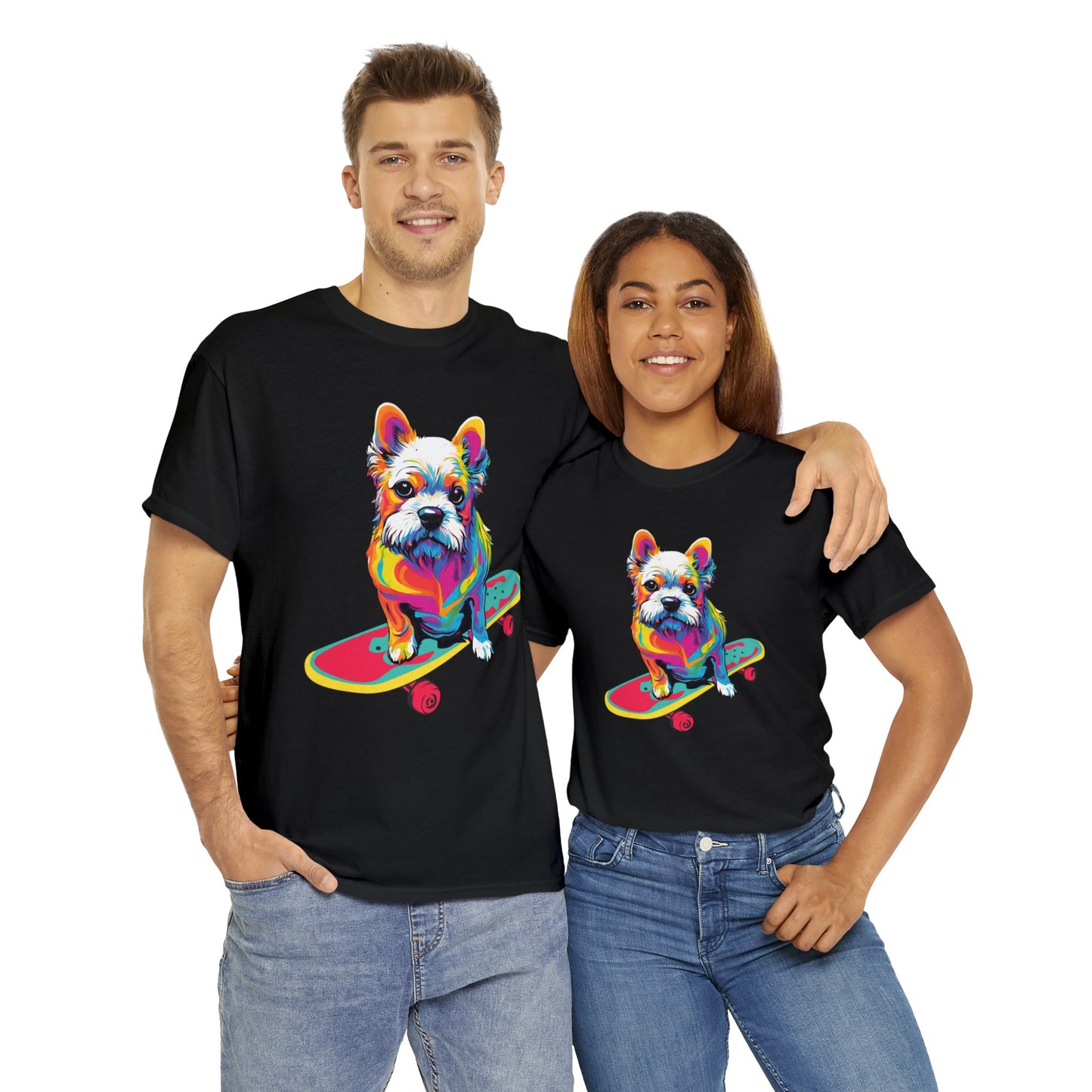 Paws on Wheels Pop Art Skateboarding Dog Tee Unisex Heavy Cotton Graphic Tee Kawaii Friends