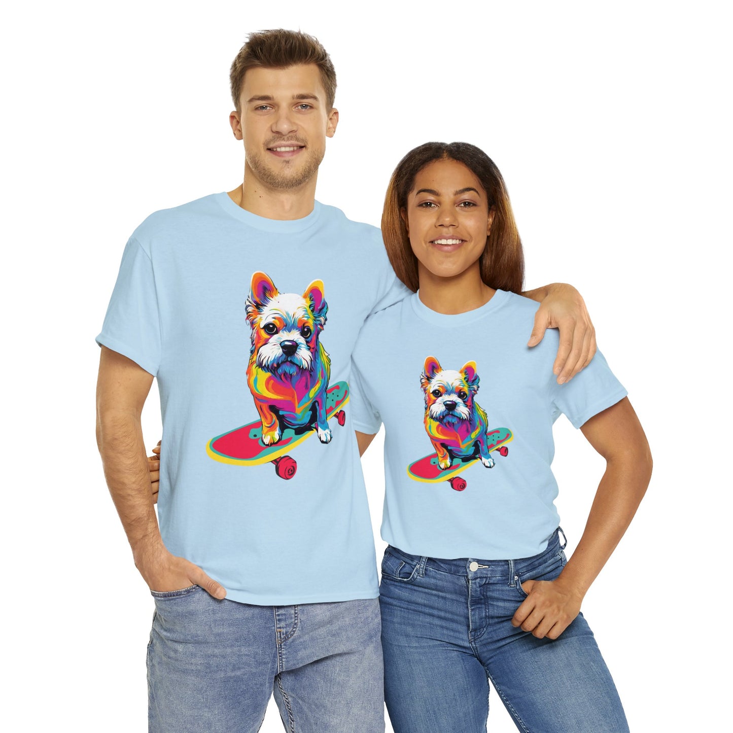 Paws on Wheels Pop Art Skateboarding Dog Tee Unisex Heavy Cotton Graphic Tee Kawaii Friends