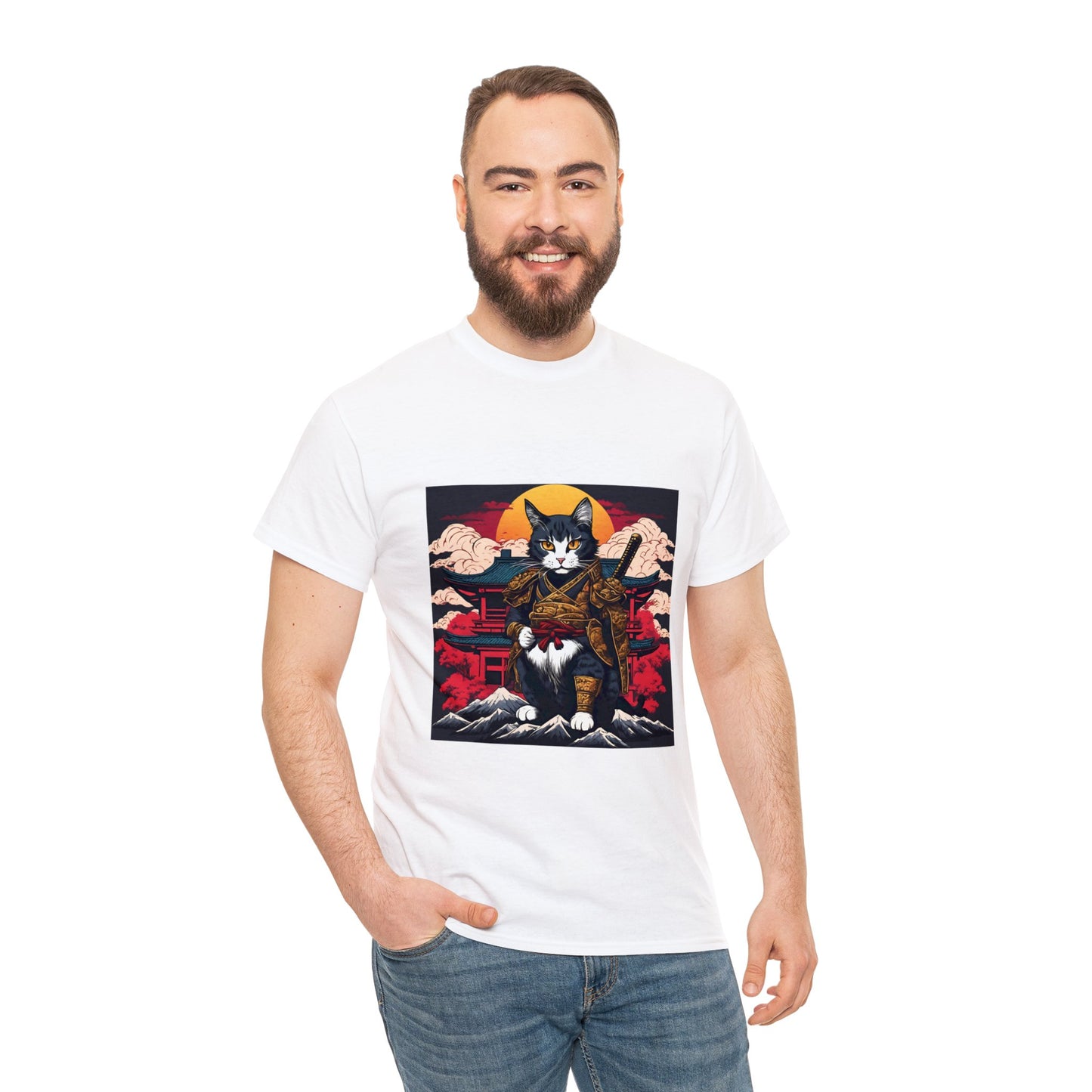 Samurai Cat Cartoon Anime Unisex Heavy Cotton Graphic Tee Kawaii Friends
