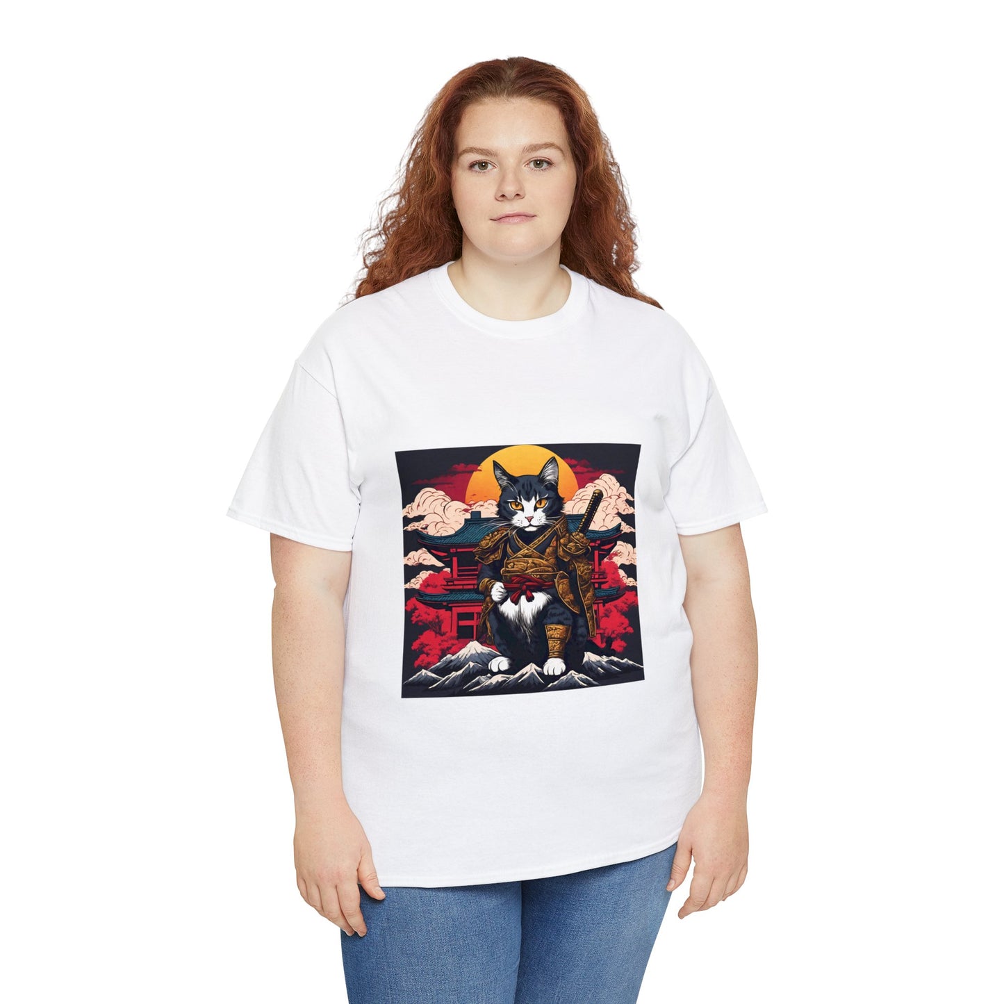 Samurai Cat Cartoon Anime Unisex Heavy Cotton Graphic Tee Kawaii Friends