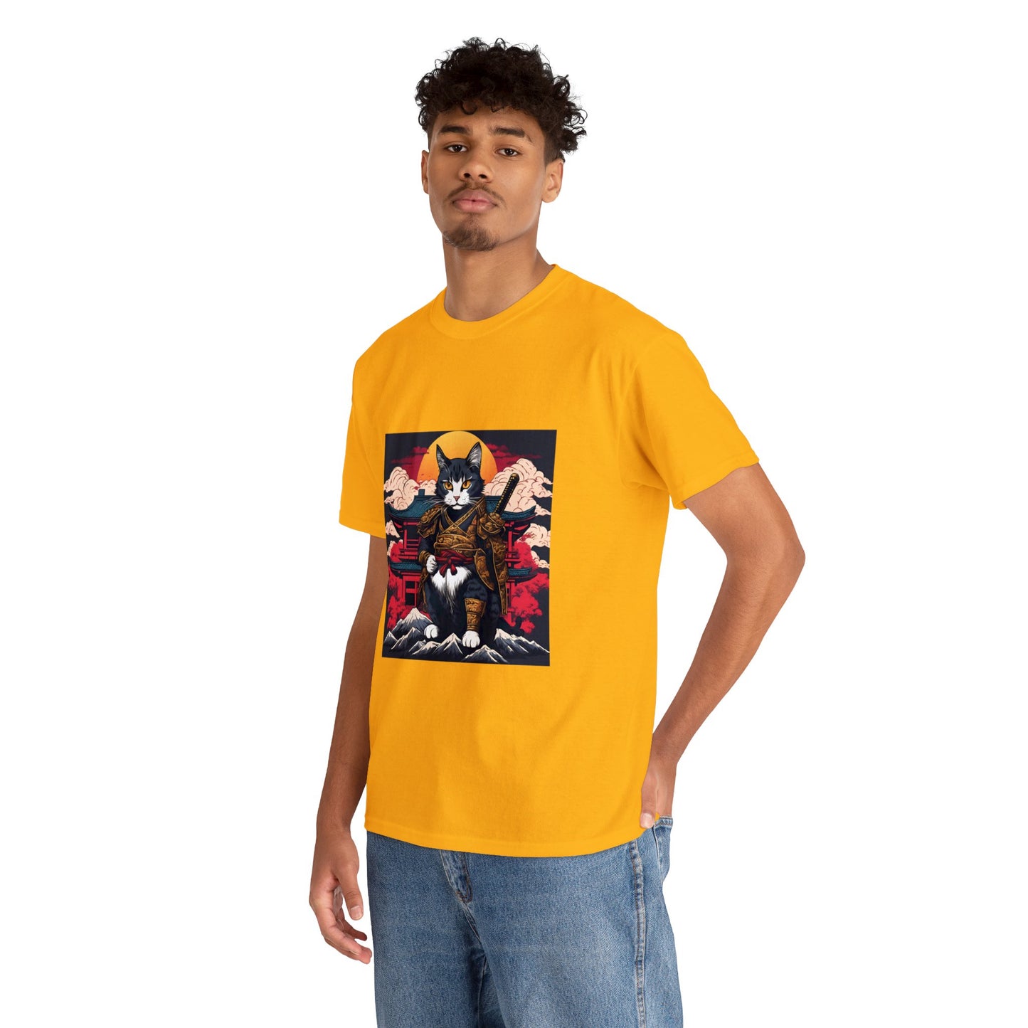 Samurai Cat Cartoon Anime Unisex Heavy Cotton Graphic Tee Kawaii Friends