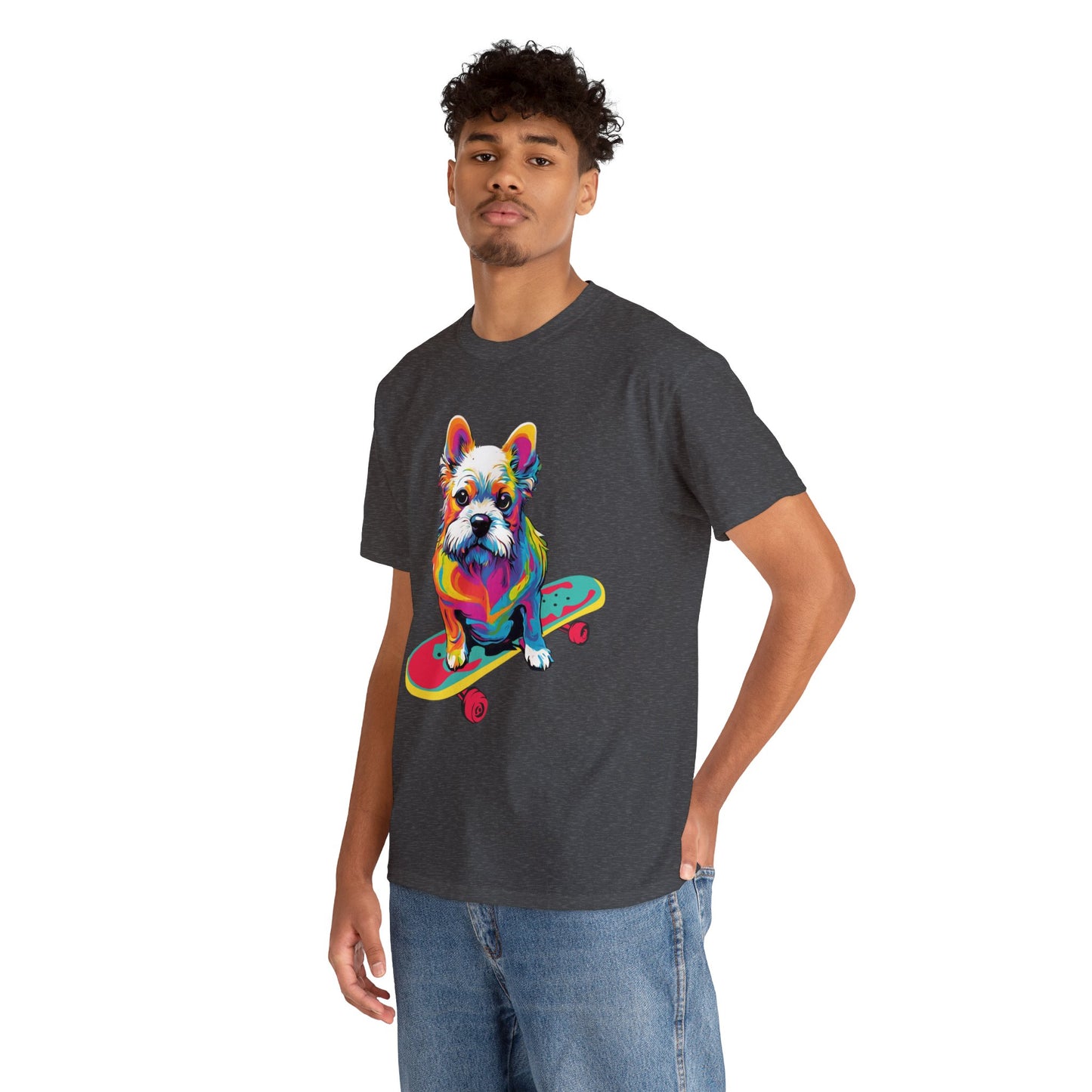 Paws on Wheels Pop Art Skateboarding Dog Tee Unisex Heavy Cotton Graphic Tee Kawaii Friends