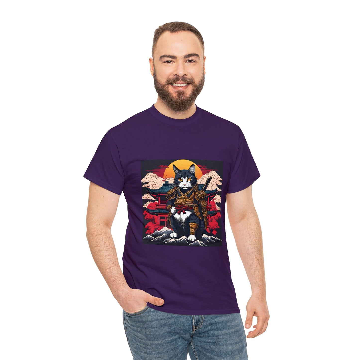 Samurai Cat Cartoon Anime Unisex Heavy Cotton Graphic Tee Kawaii Friends