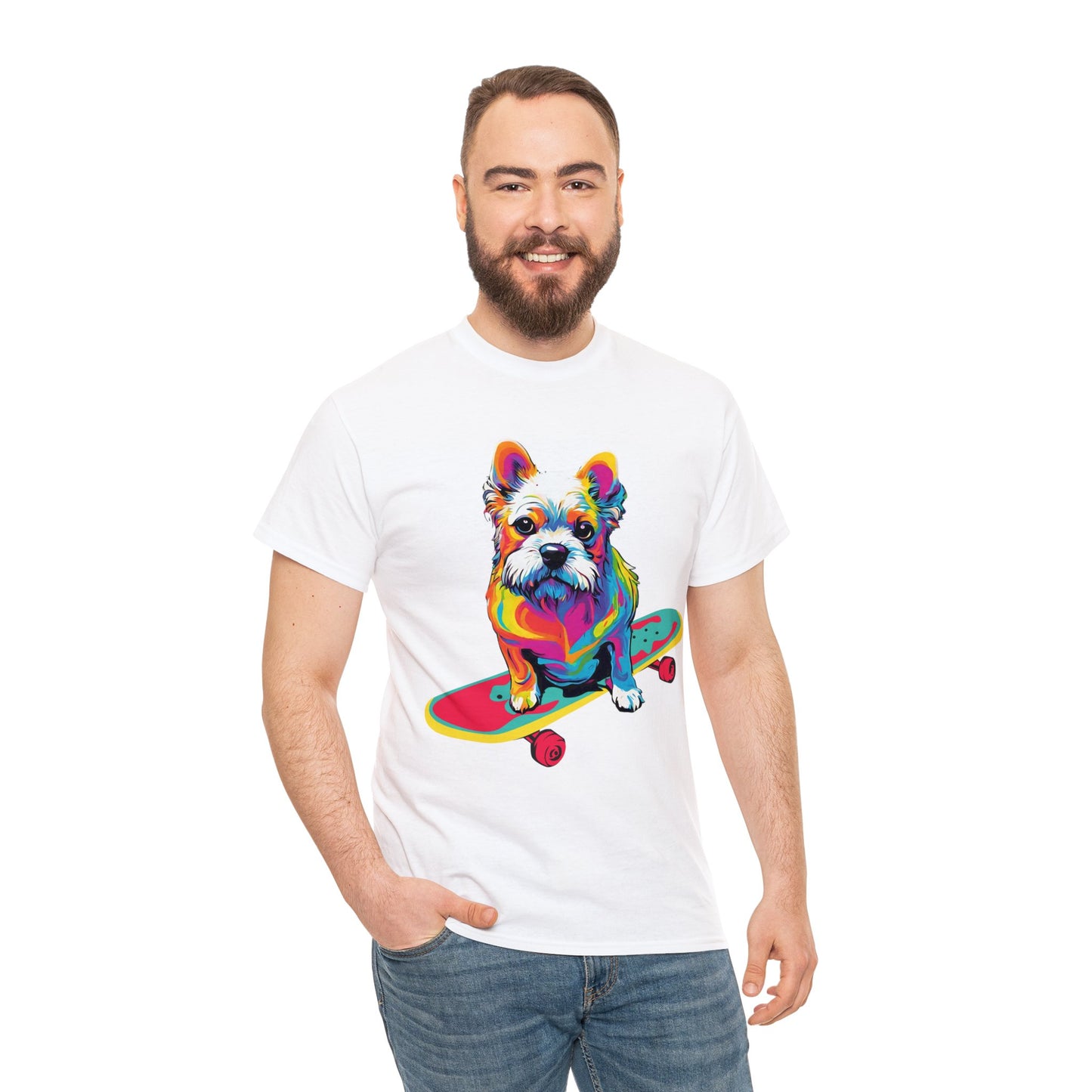 Paws on Wheels Pop Art Skateboarding Dog Tee Unisex Heavy Cotton Graphic Tee Kawaii Friends