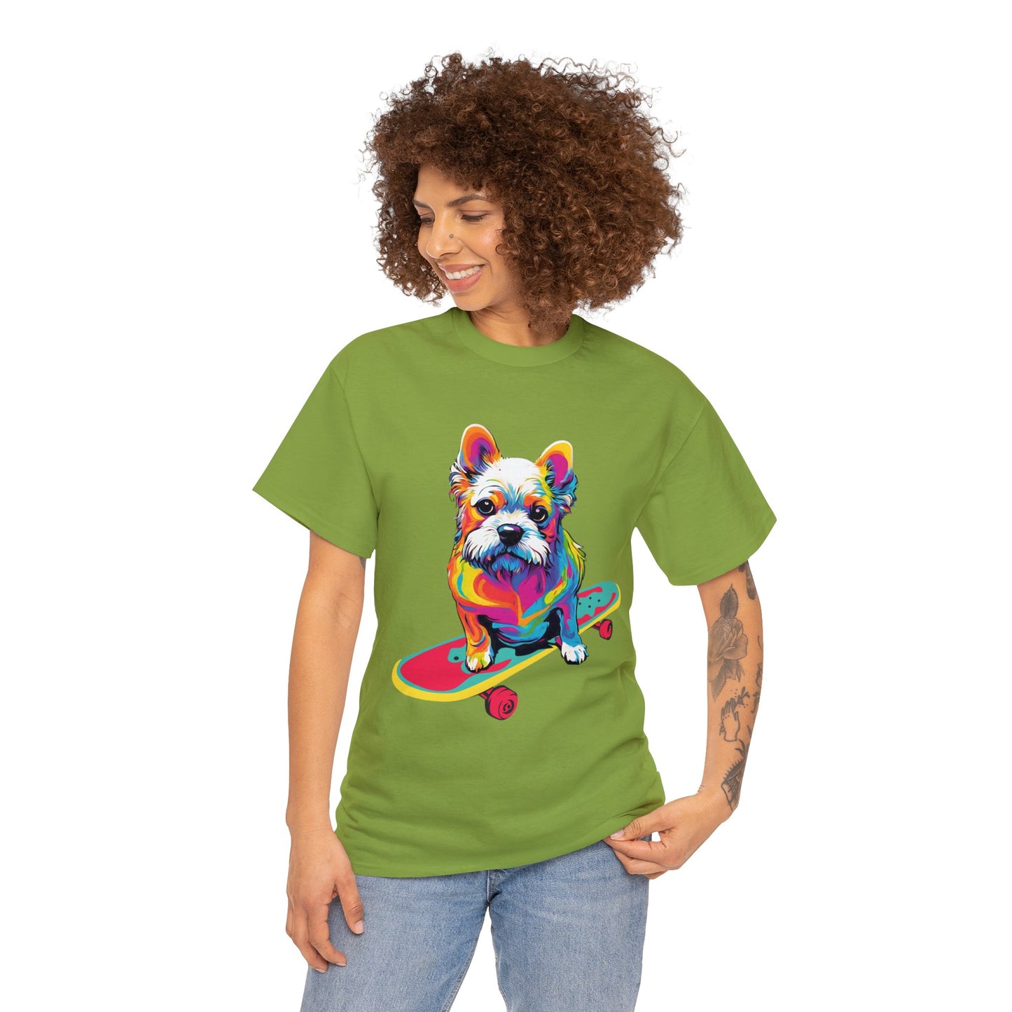 Paws on Wheels Pop Art Skateboarding Dog Tee Unisex Heavy Cotton Graphic Tee Kawaii Friends
