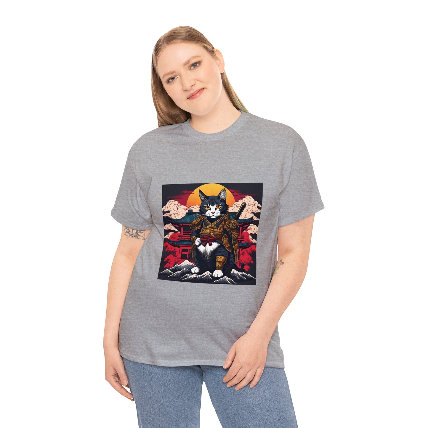 Samurai Cat Cartoon Anime Unisex Heavy Cotton Graphic Tee Kawaii Friends