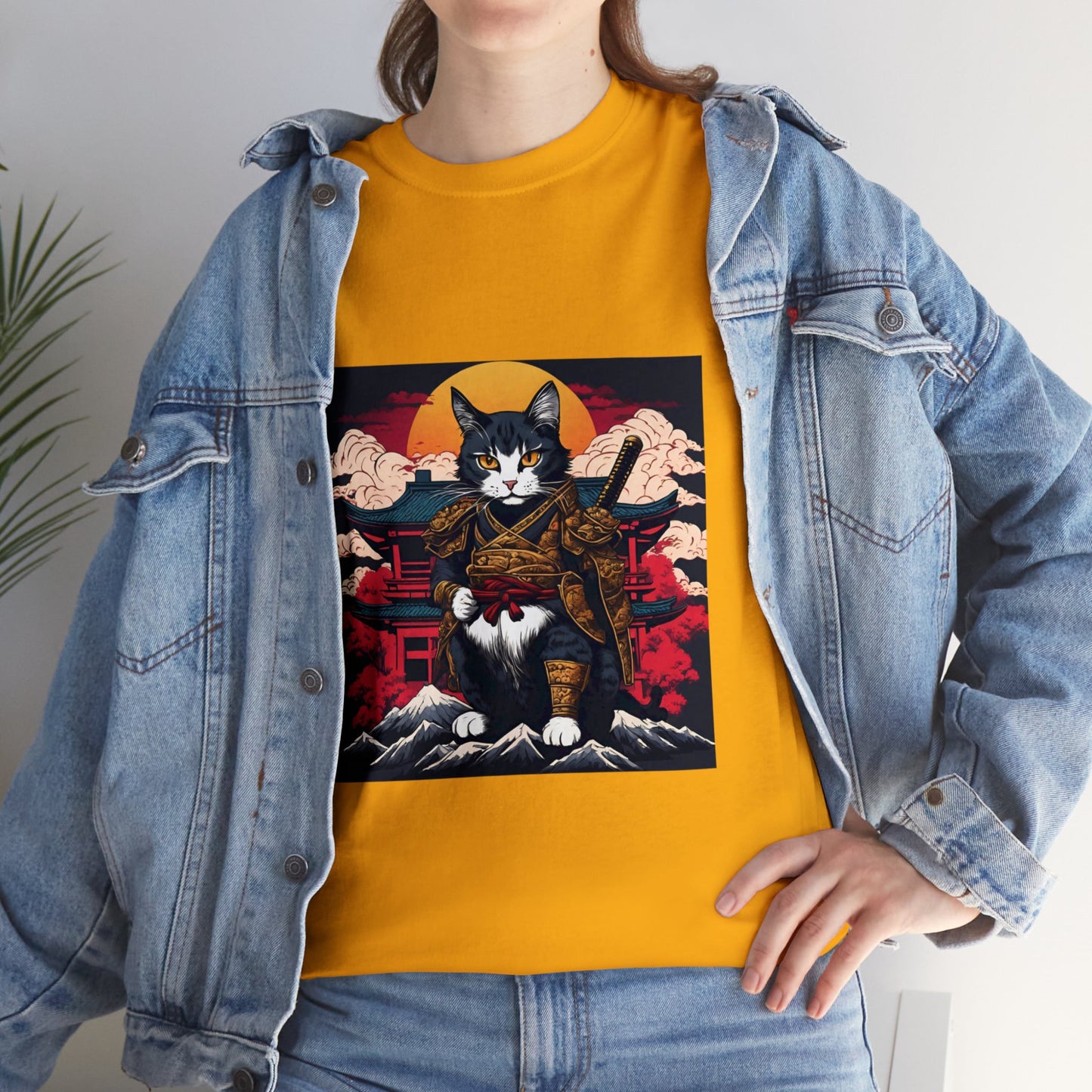 Samurai Cat Cartoon Anime Unisex Heavy Cotton Graphic Tee Kawaii Friends