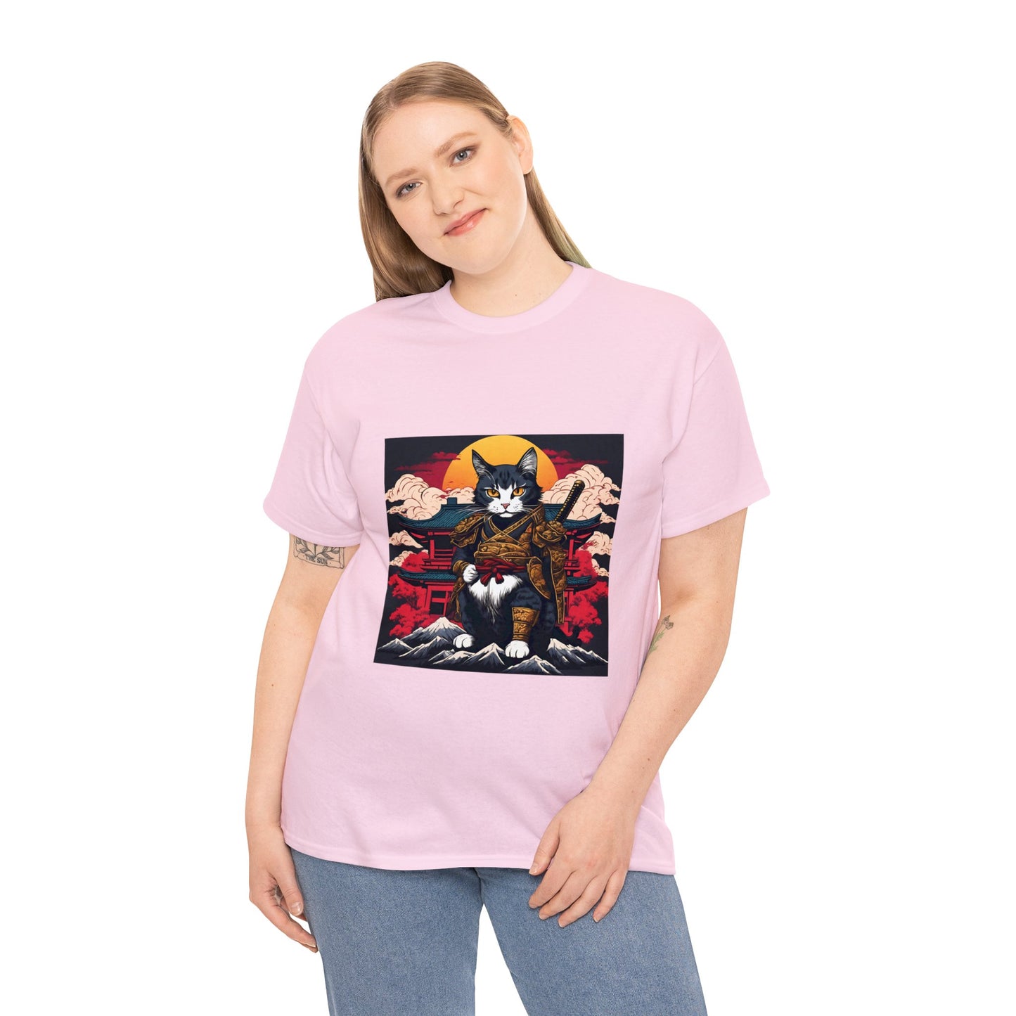 Samurai Cat Cartoon Anime Unisex Heavy Cotton Graphic Tee Kawaii Friends