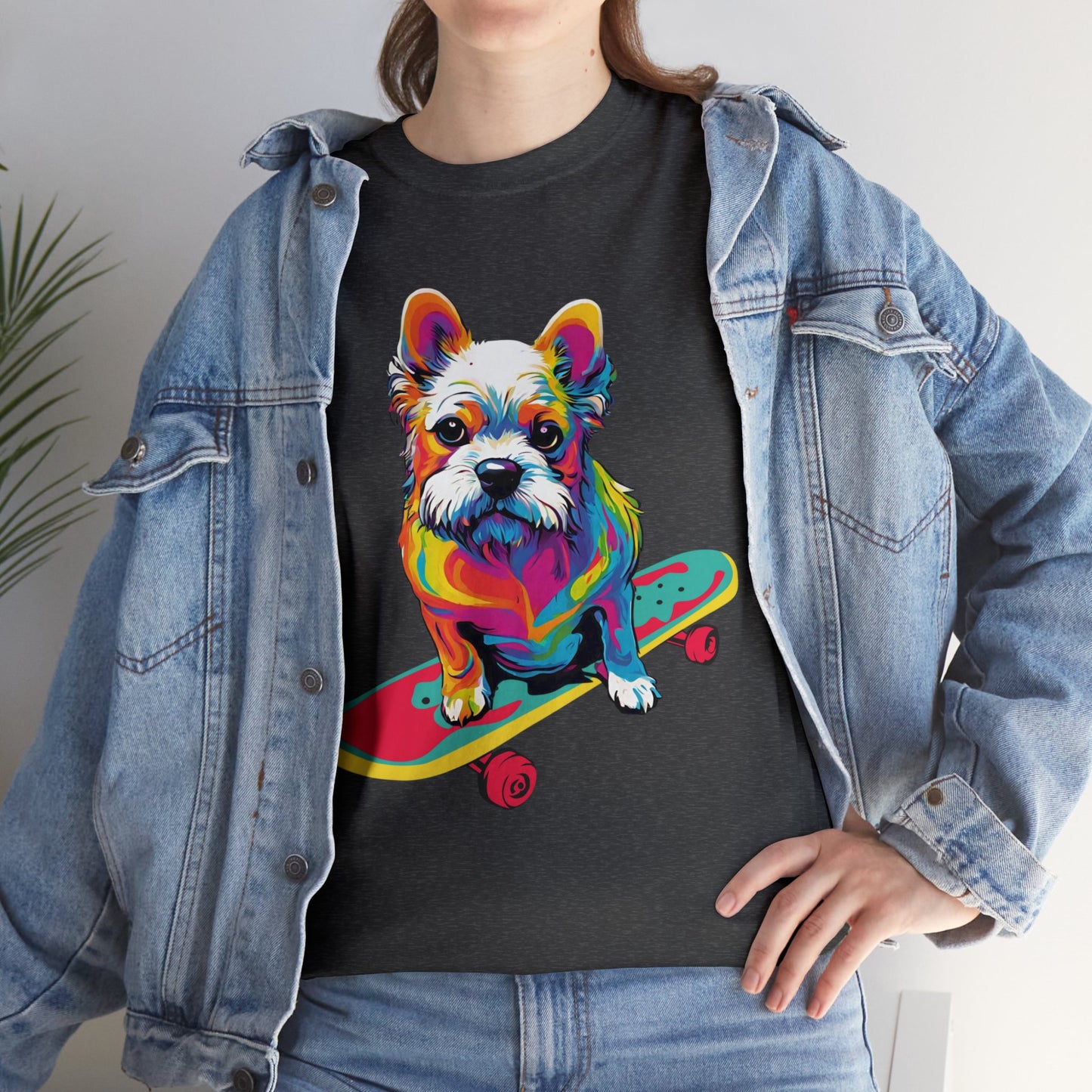 Paws on Wheels Pop Art Skateboarding Dog Tee Unisex Heavy Cotton Graphic Tee Kawaii Friends