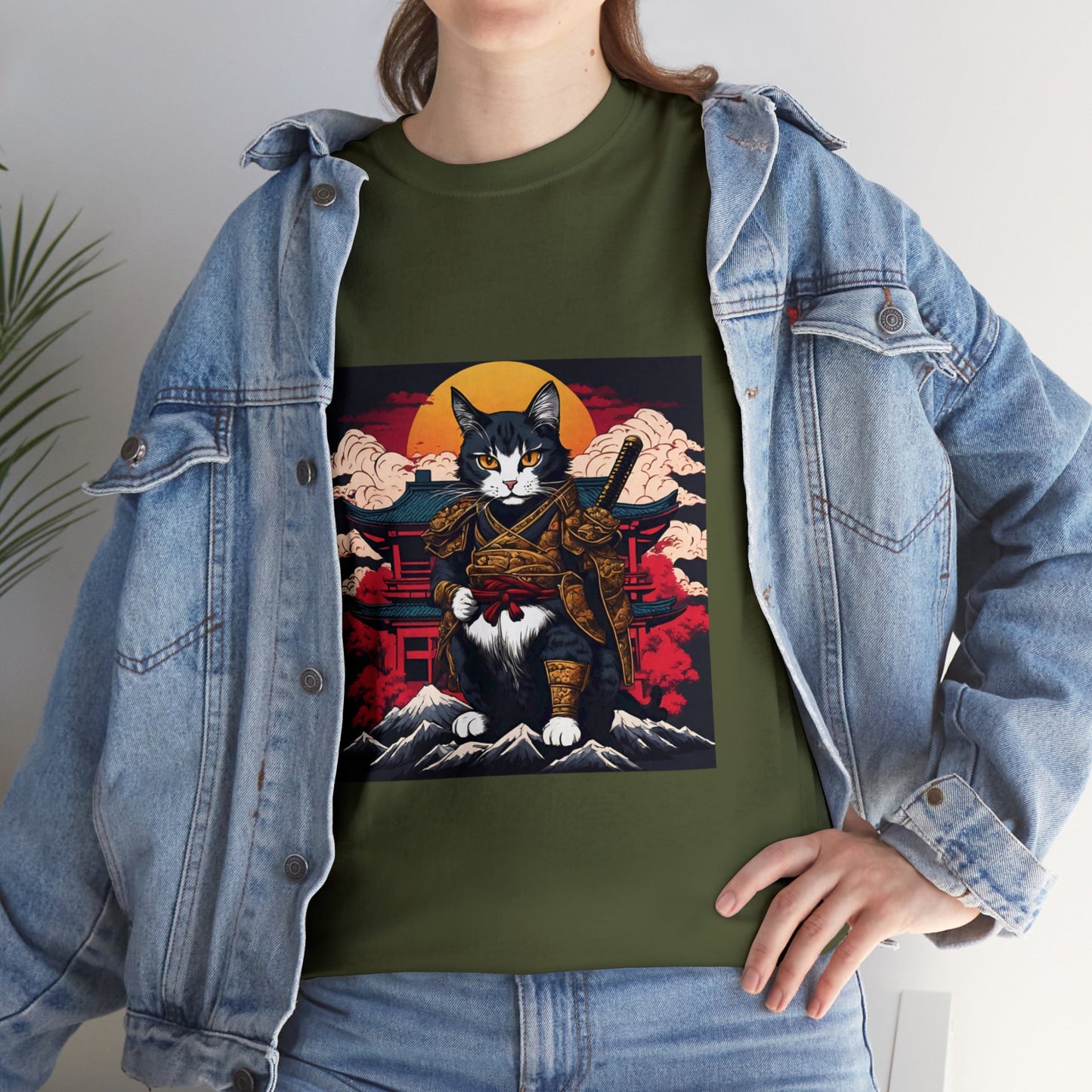 Samurai Cat Cartoon Anime Unisex Heavy Cotton Graphic Tee Kawaii Friends
