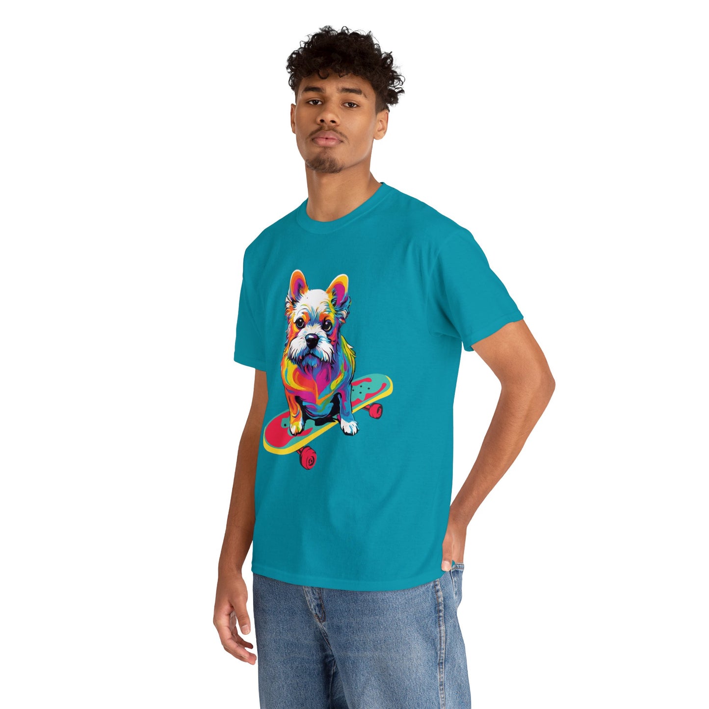 Paws on Wheels Pop Art Skateboarding Dog Tee Unisex Heavy Cotton Graphic Tee Kawaii Friends