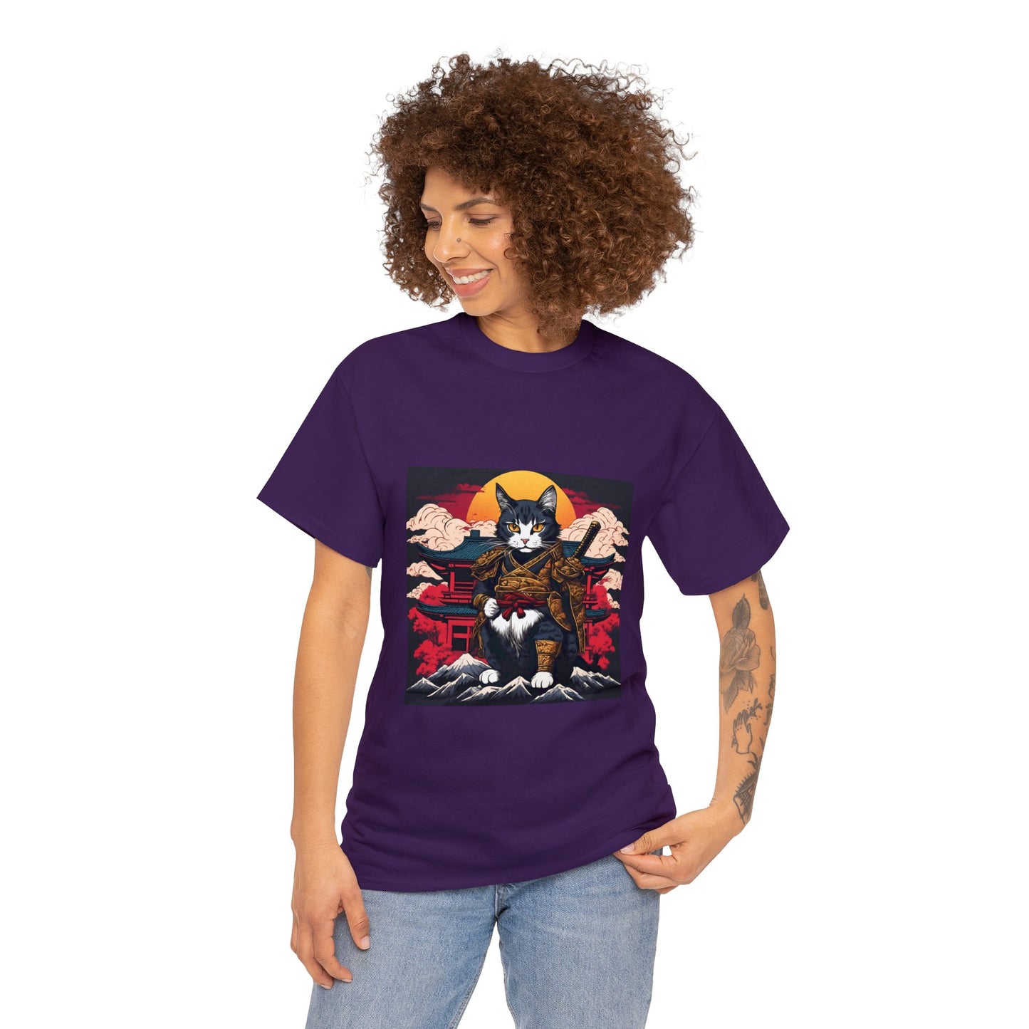 Samurai Cat Cartoon Anime Unisex Heavy Cotton Graphic Tee Kawaii Friends