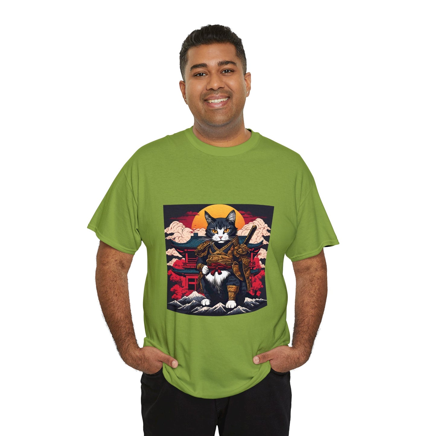 Samurai Cat Cartoon Anime Unisex Heavy Cotton Graphic Tee Kawaii Friends