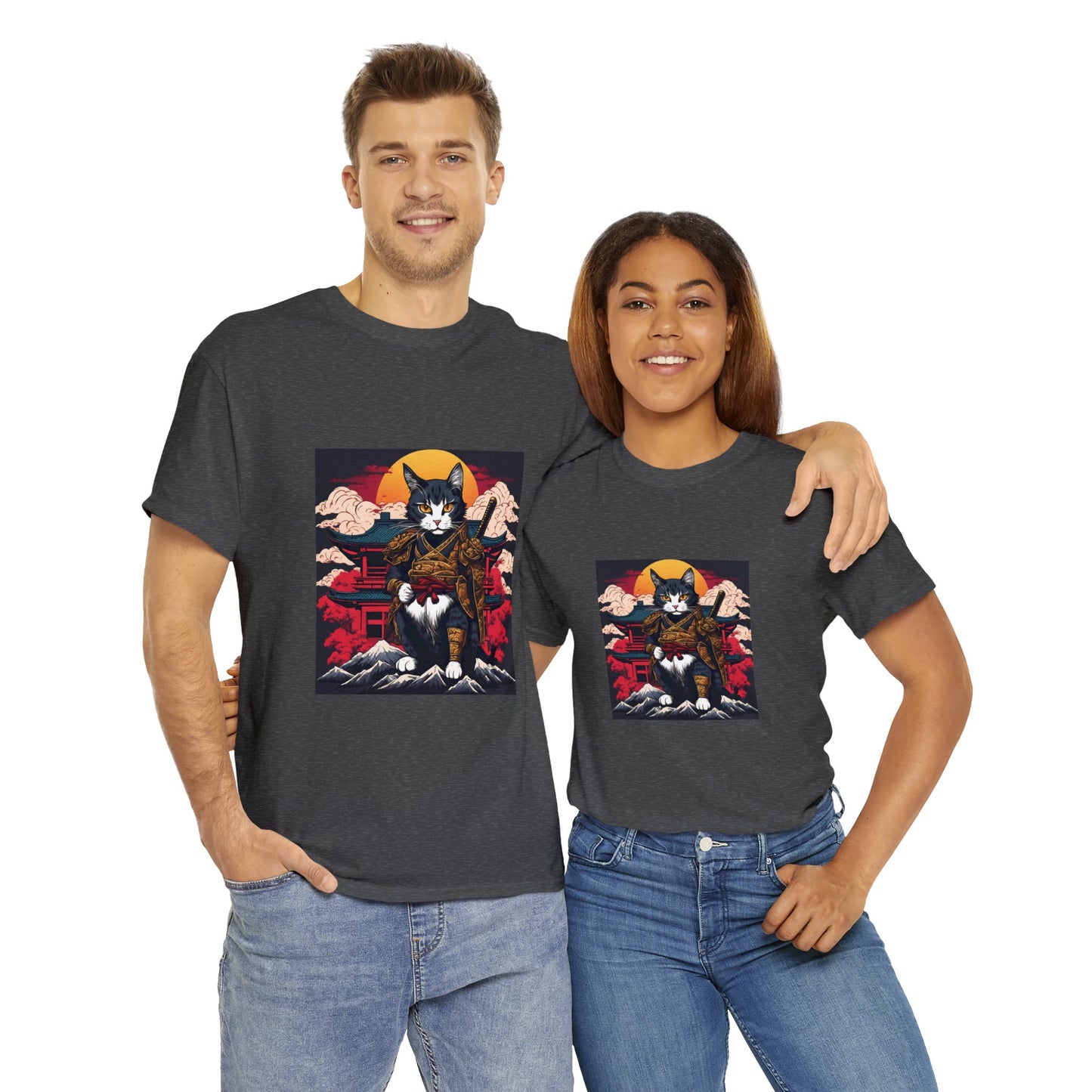 Samurai Cat Cartoon Anime Unisex Heavy Cotton Graphic Tee Kawaii Friends