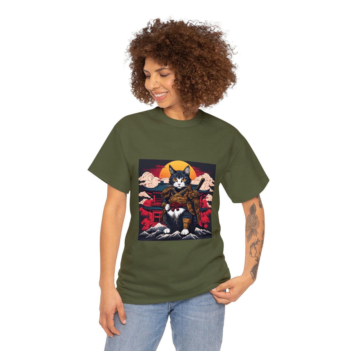 Samurai Cat Cartoon Anime Unisex Heavy Cotton Graphic Tee Kawaii Friends