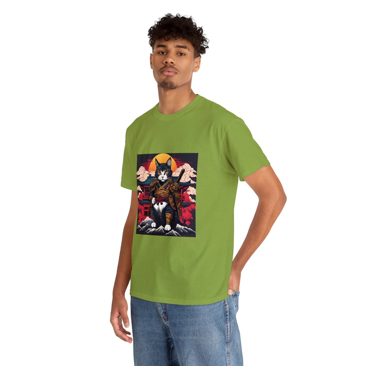 Samurai Cat Cartoon Anime Unisex Heavy Cotton Graphic Tee Kawaii Friends