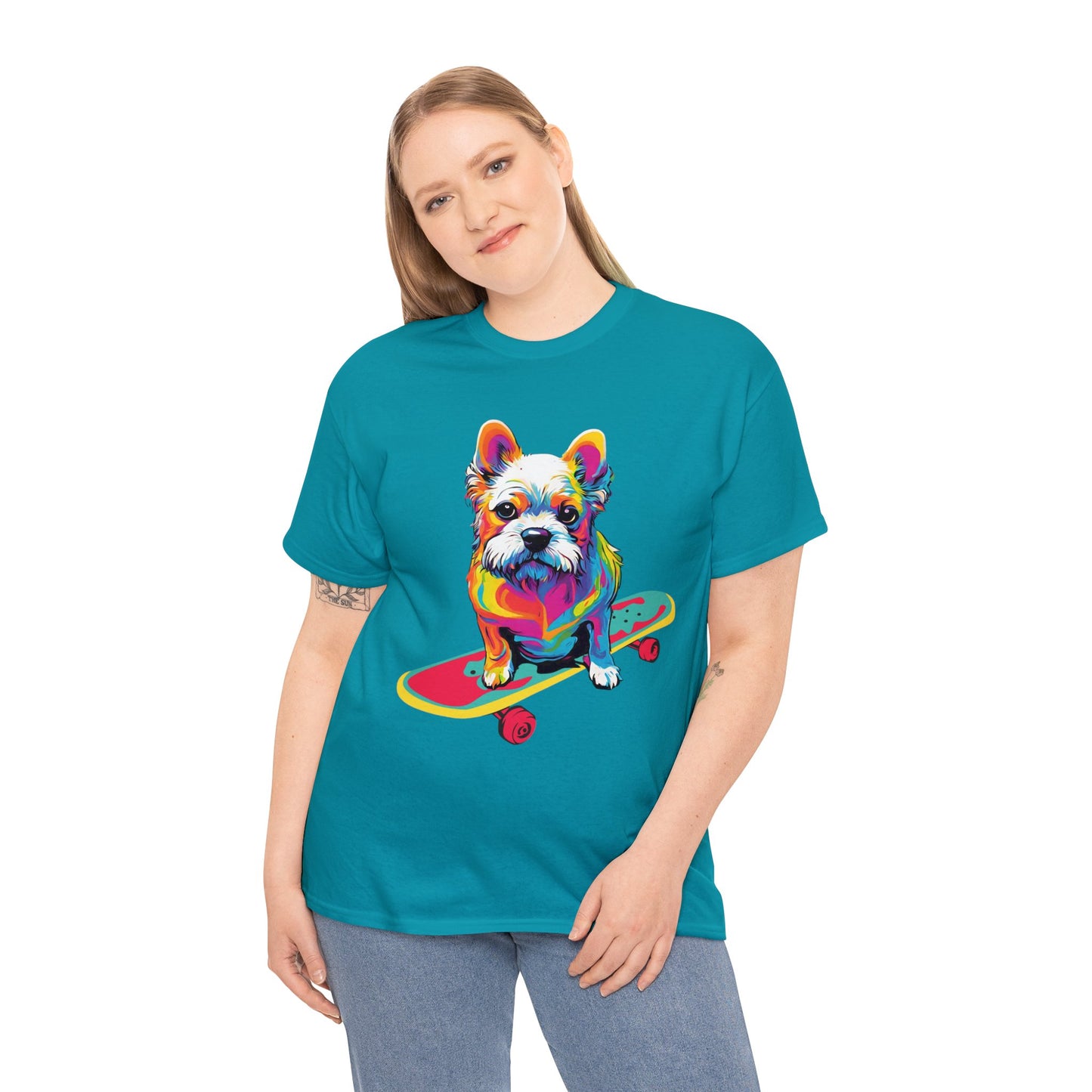 Paws on Wheels Pop Art Skateboarding Dog Tee Unisex Heavy Cotton Graphic Tee Kawaii Friends