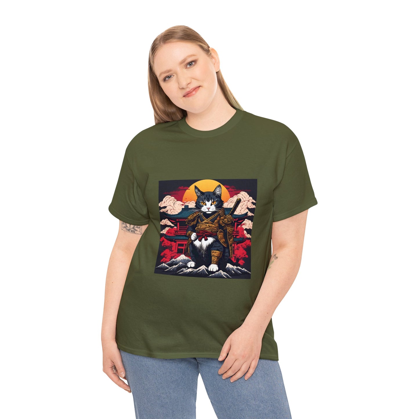 Samurai Cat Cartoon Anime Unisex Heavy Cotton Graphic Tee Kawaii Friends