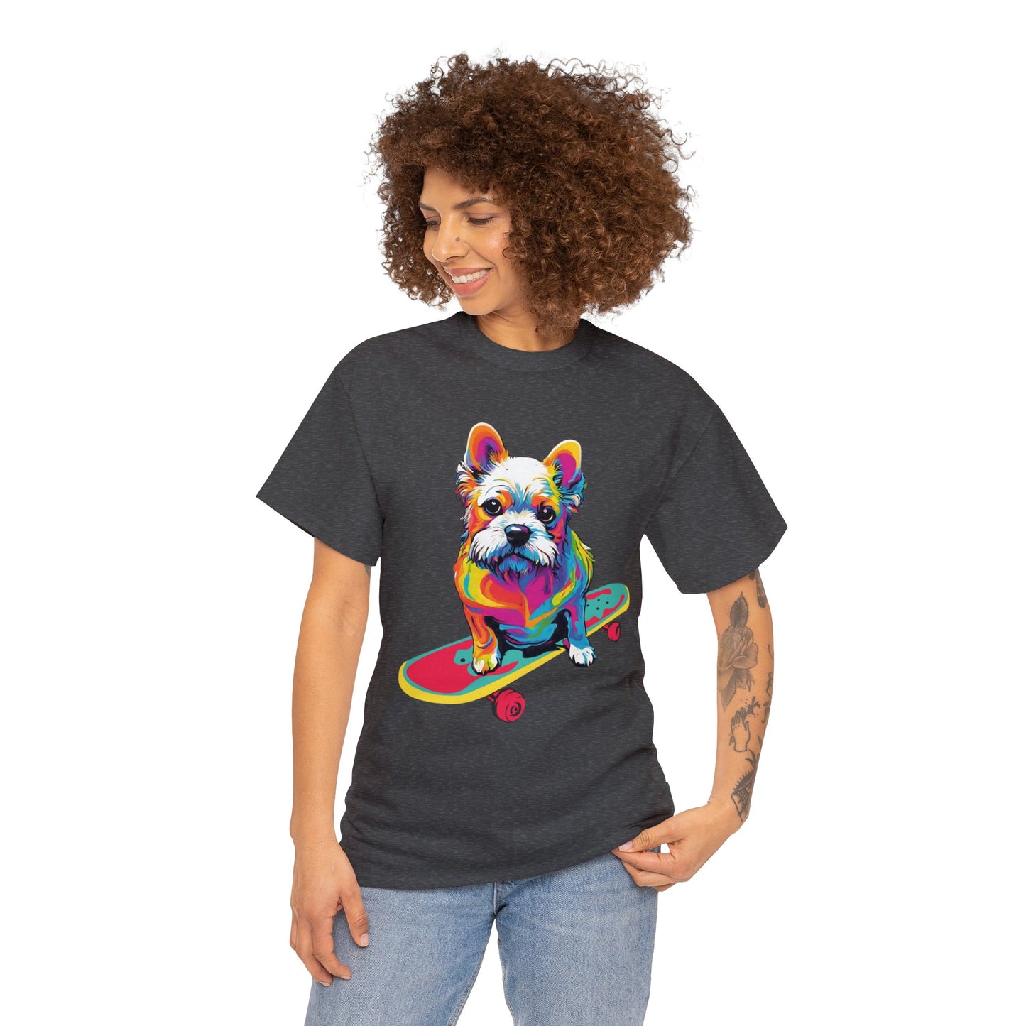 Paws on Wheels Pop Art Skateboarding Dog Tee Unisex Heavy Cotton Graphic Tee Kawaii Friends