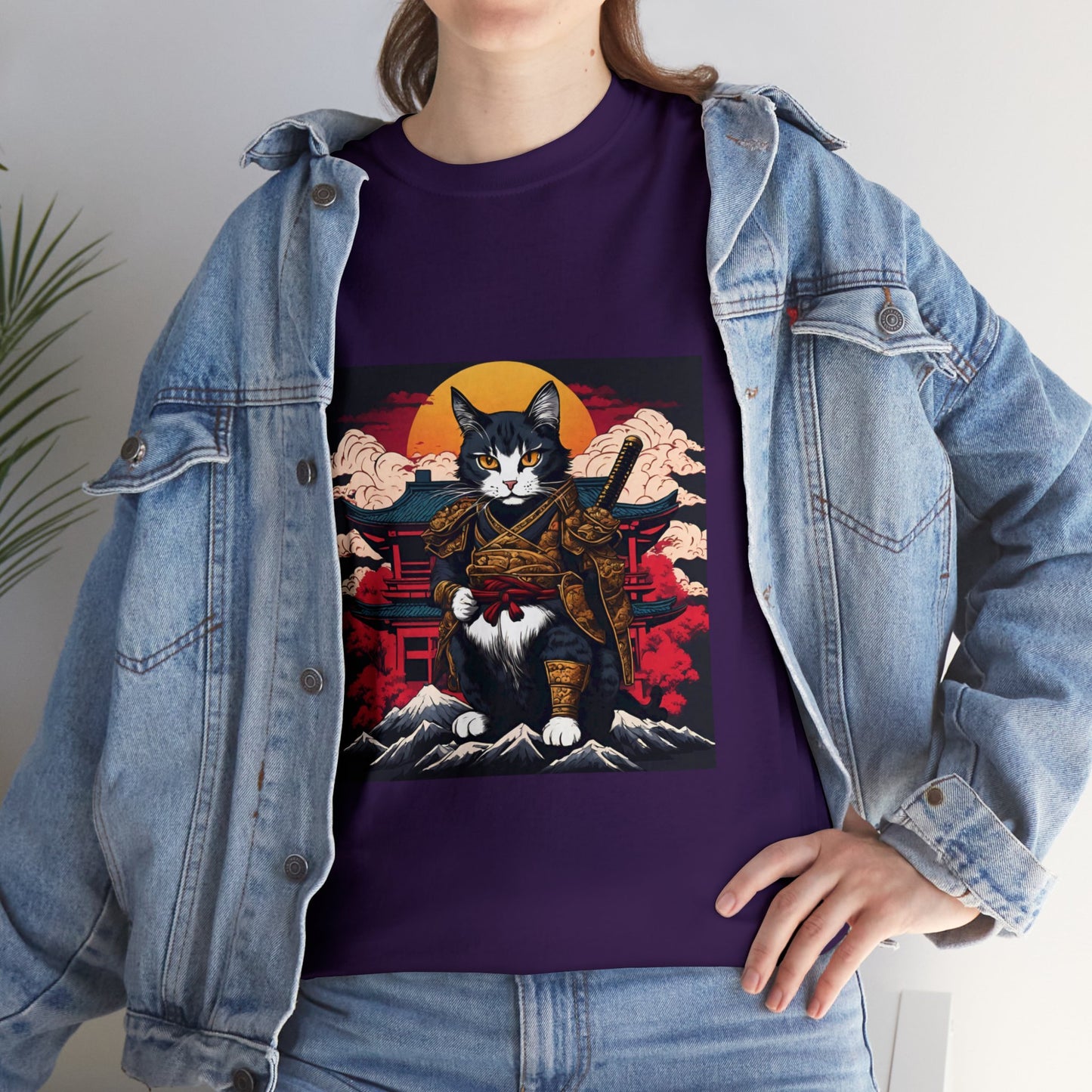Samurai Cat Cartoon Anime Unisex Heavy Cotton Graphic Tee Kawaii Friends