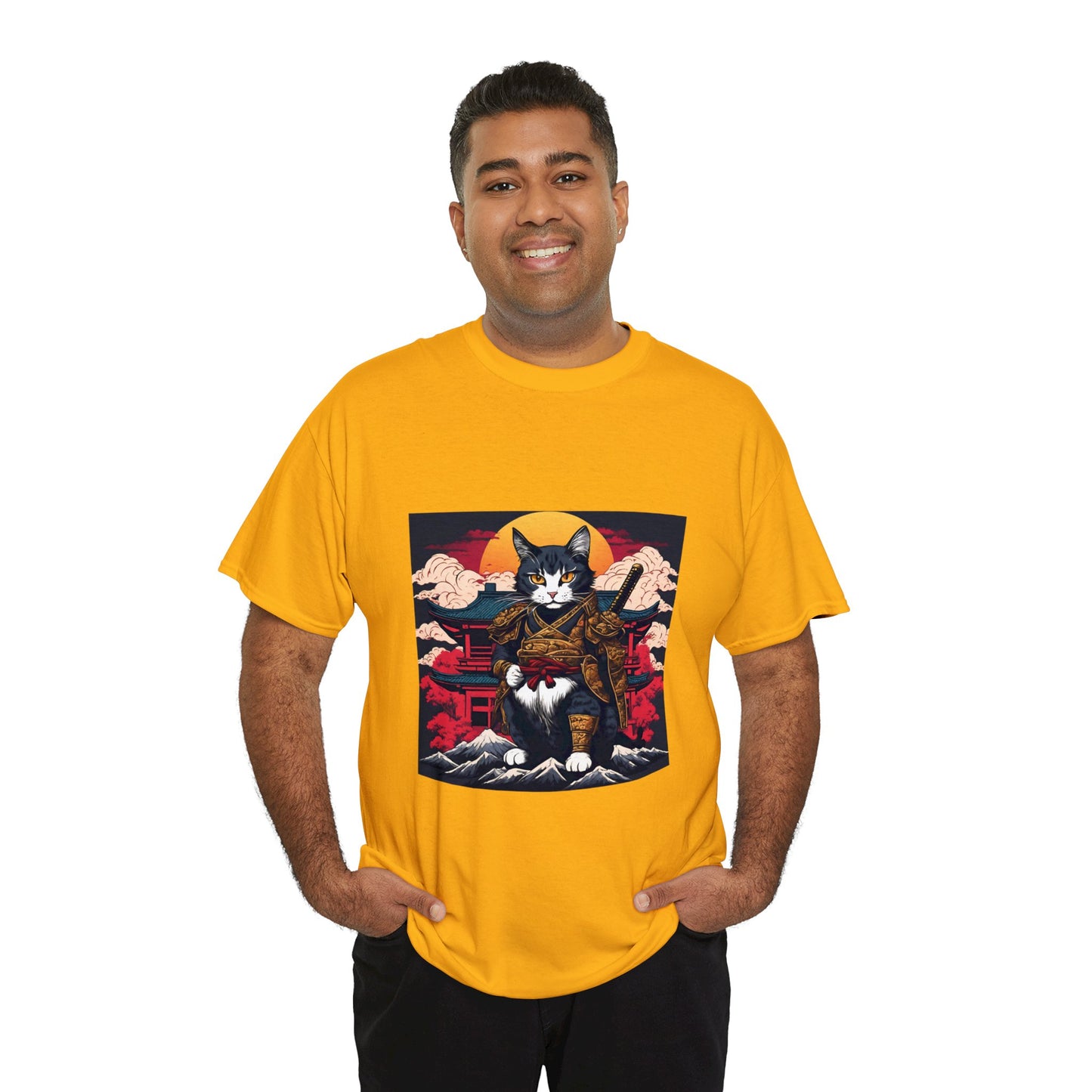 Samurai Cat Cartoon Anime Unisex Heavy Cotton Graphic Tee Kawaii Friends