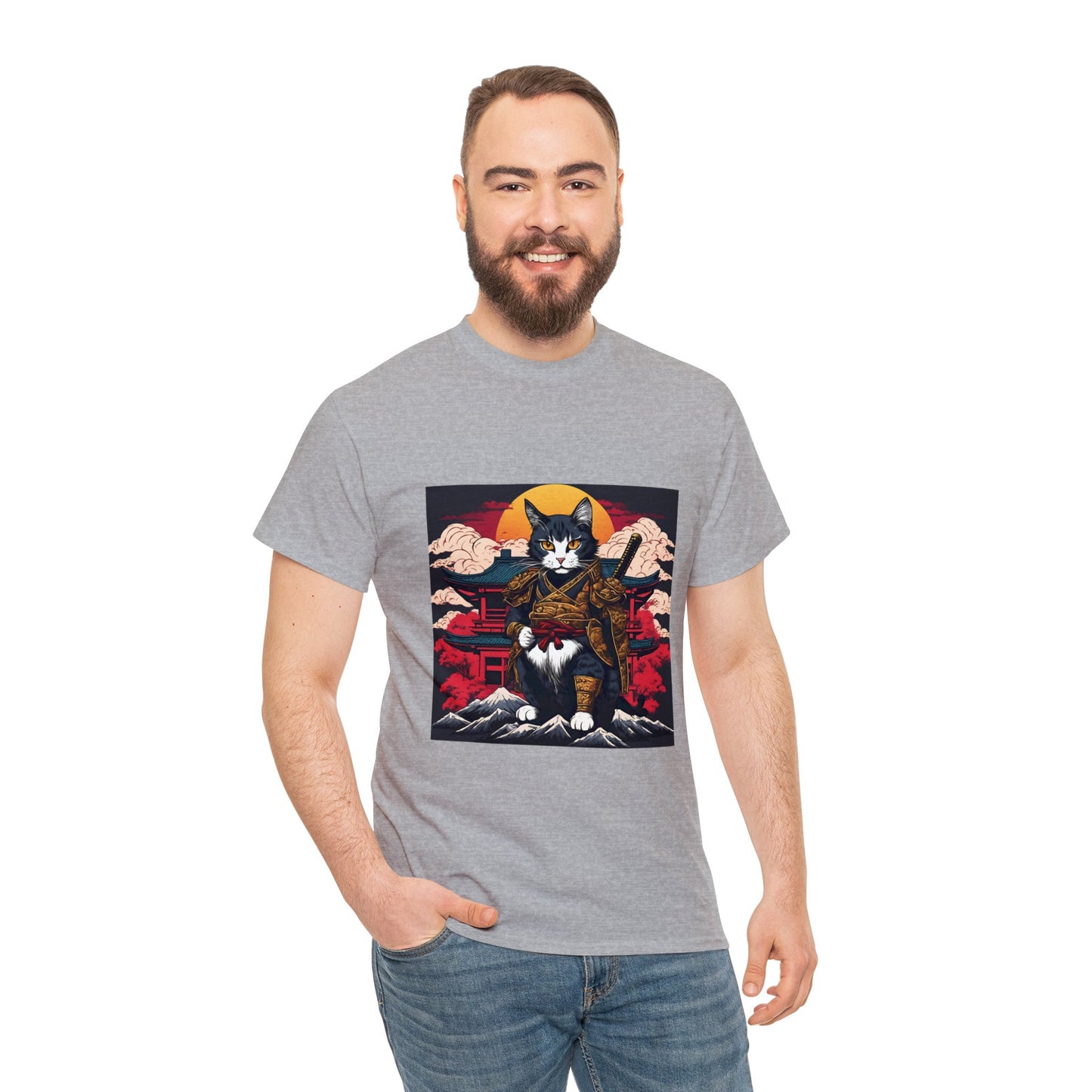 Samurai Cat Cartoon Anime Unisex Heavy Cotton Graphic Tee Kawaii Friends
