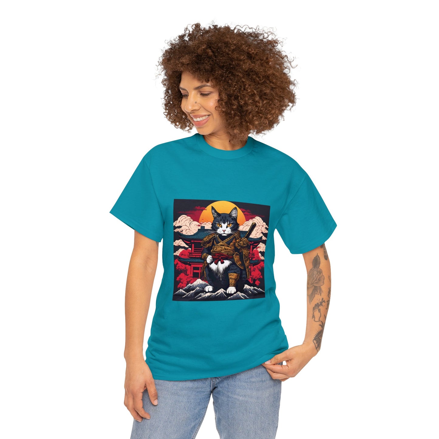 Samurai Cat Cartoon Anime Unisex Heavy Cotton Graphic Tee Kawaii Friends