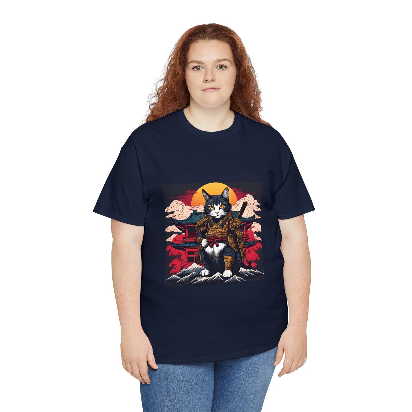 Samurai Cat Cartoon Anime Unisex Heavy Cotton Graphic Tee Kawaii Friends