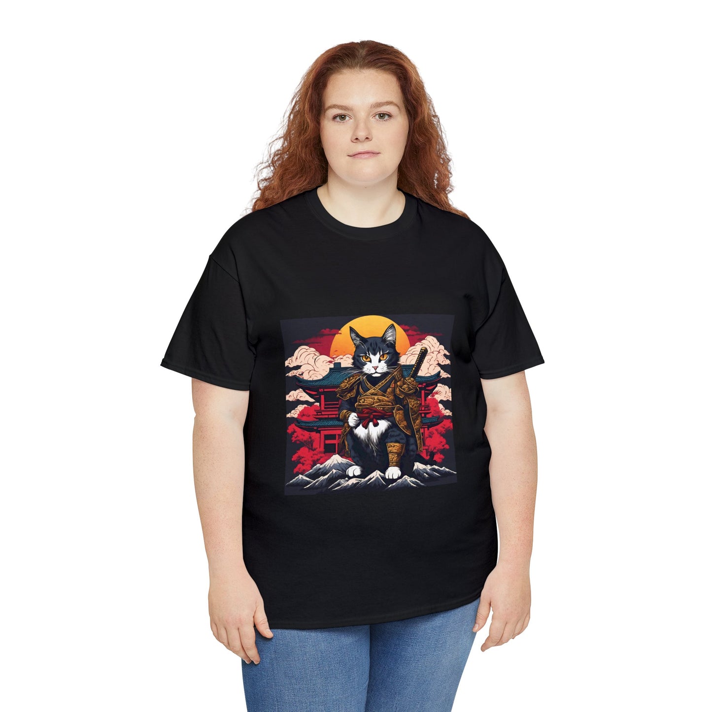 Samurai Cat Cartoon Anime Unisex Heavy Cotton Graphic Tee Kawaii Friends