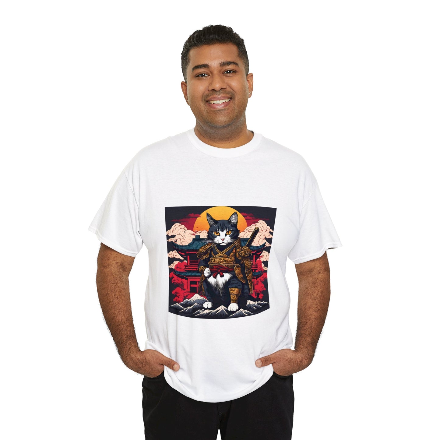 Samurai Cat Cartoon Anime Unisex Heavy Cotton Graphic Tee Kawaii Friends