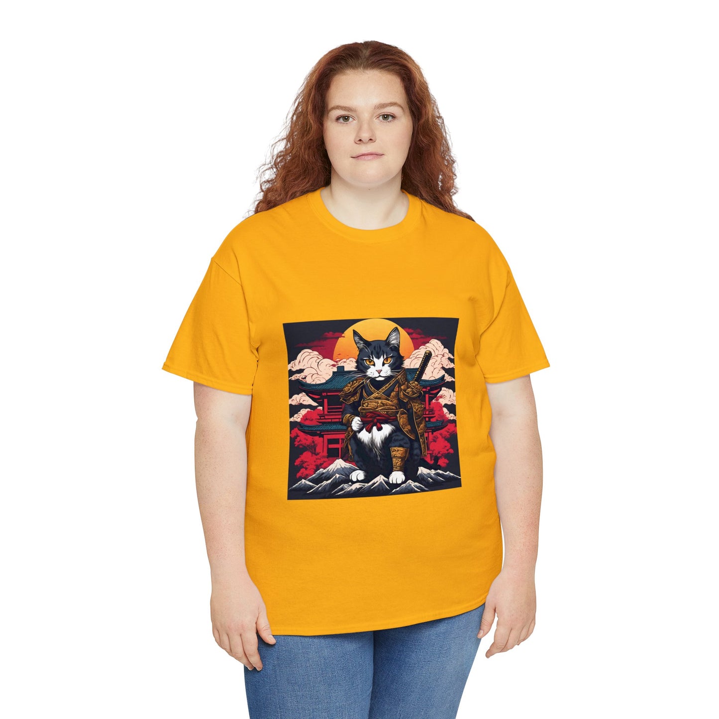 Samurai Cat Cartoon Anime Unisex Heavy Cotton Graphic Tee Kawaii Friends