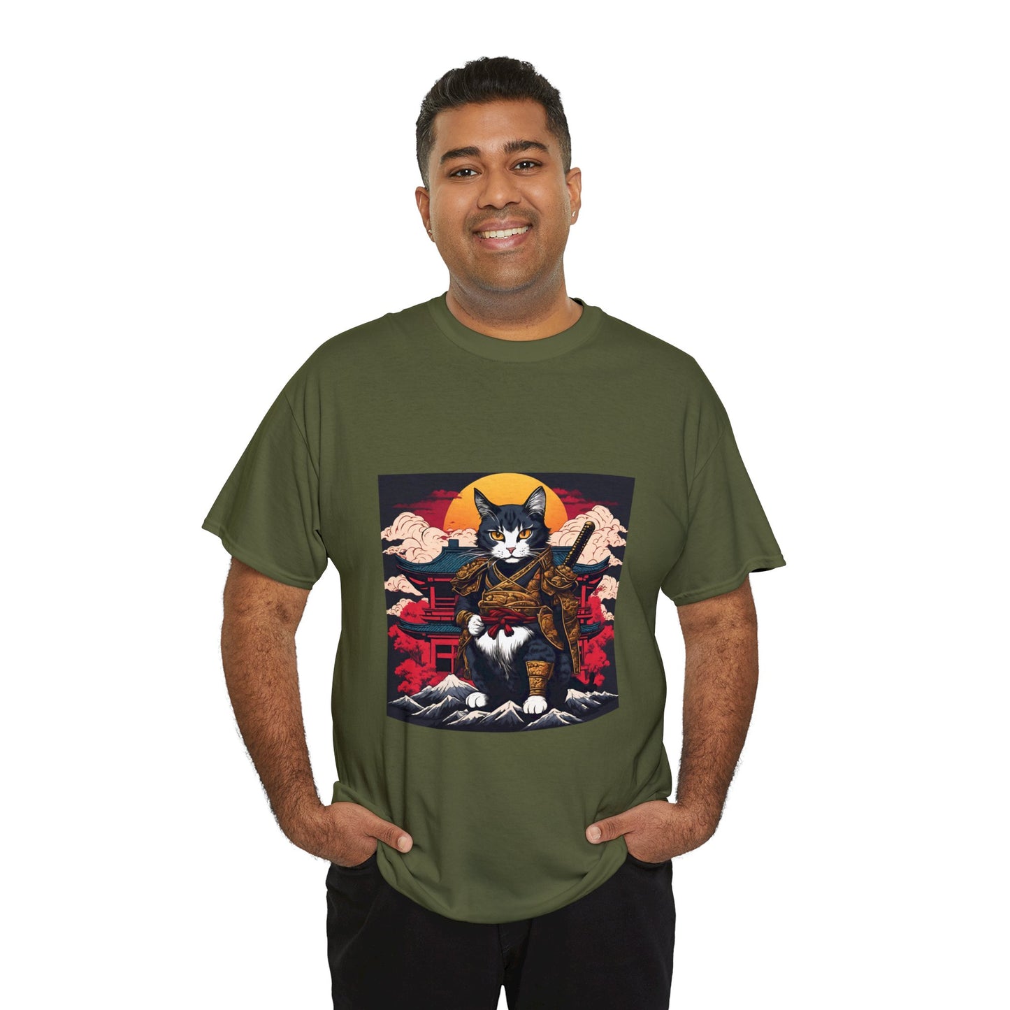 Samurai Cat Cartoon Anime Unisex Heavy Cotton Graphic Tee Kawaii Friends