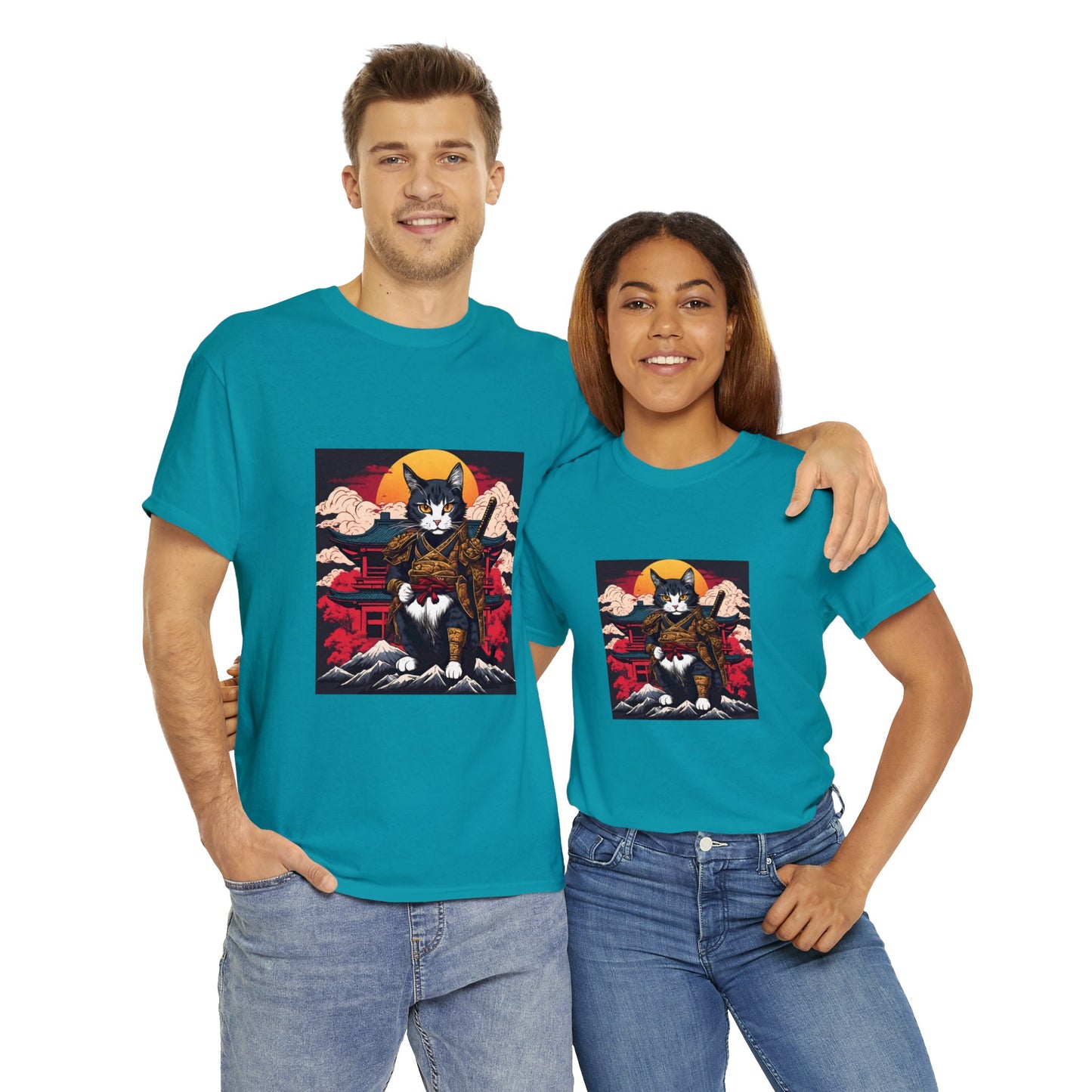 Samurai Cat Cartoon Anime Unisex Heavy Cotton Graphic Tee Kawaii Friends