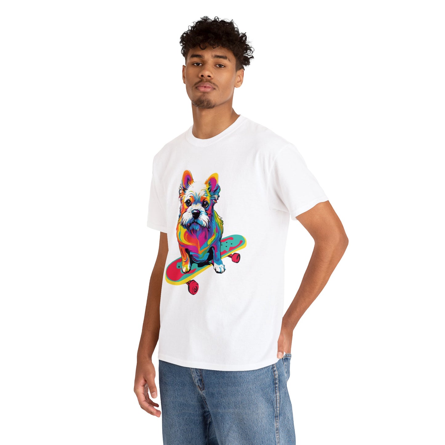 Paws on Wheels Pop Art Skateboarding Dog Tee Unisex Heavy Cotton Graphic Tee Kawaii Friends