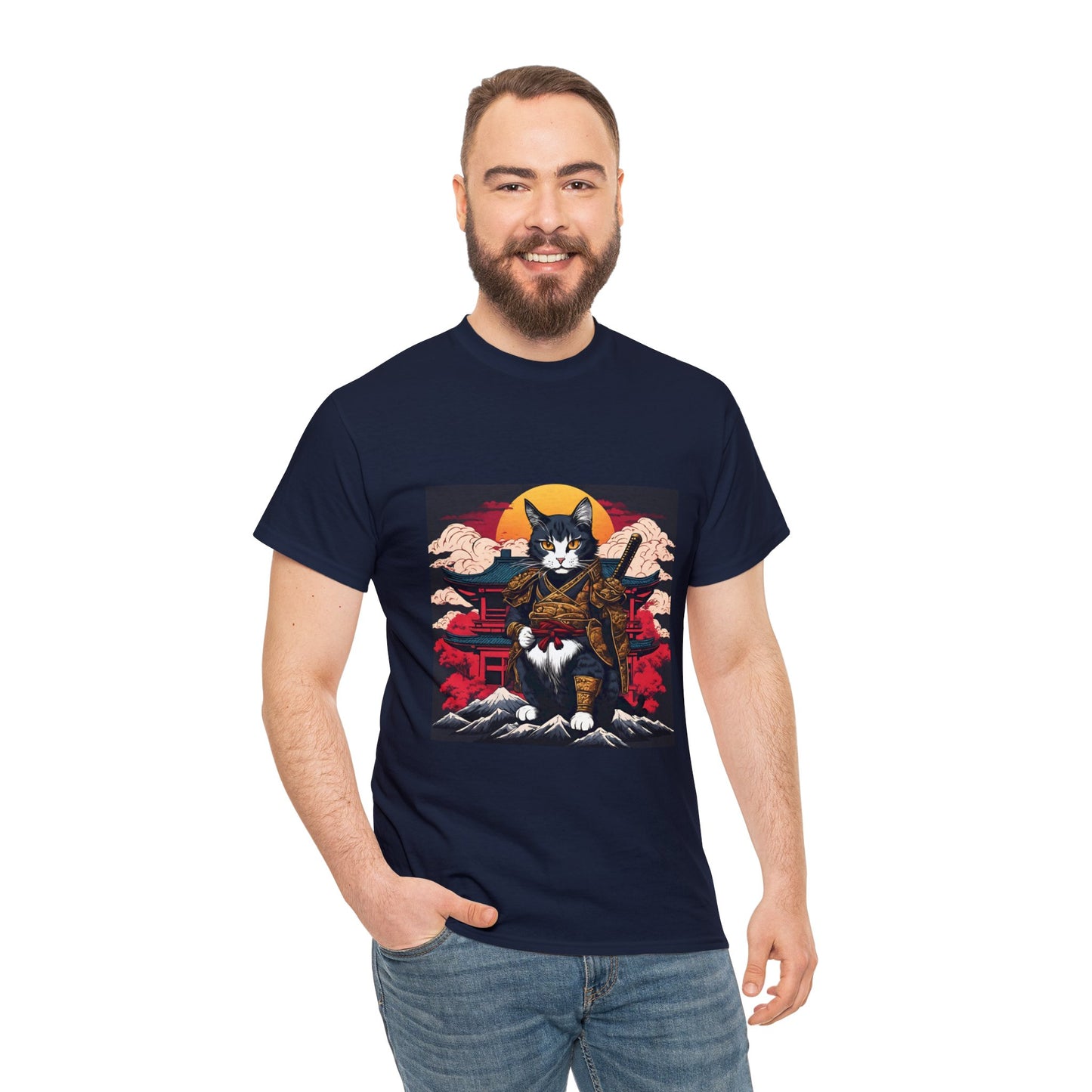 Samurai Cat Cartoon Anime Unisex Heavy Cotton Graphic Tee Kawaii Friends