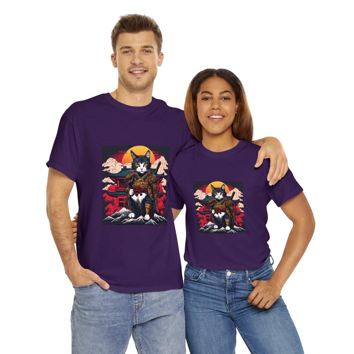 Samurai Cat Cartoon Anime Unisex Heavy Cotton Graphic Tee Kawaii Friends