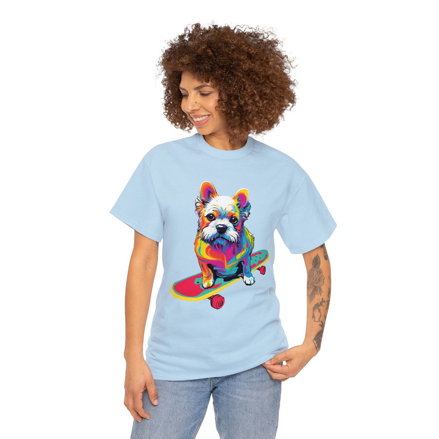 Paws on Wheels Pop Art Skateboarding Dog Tee Unisex Heavy Cotton Graphic Tee Kawaii Friends